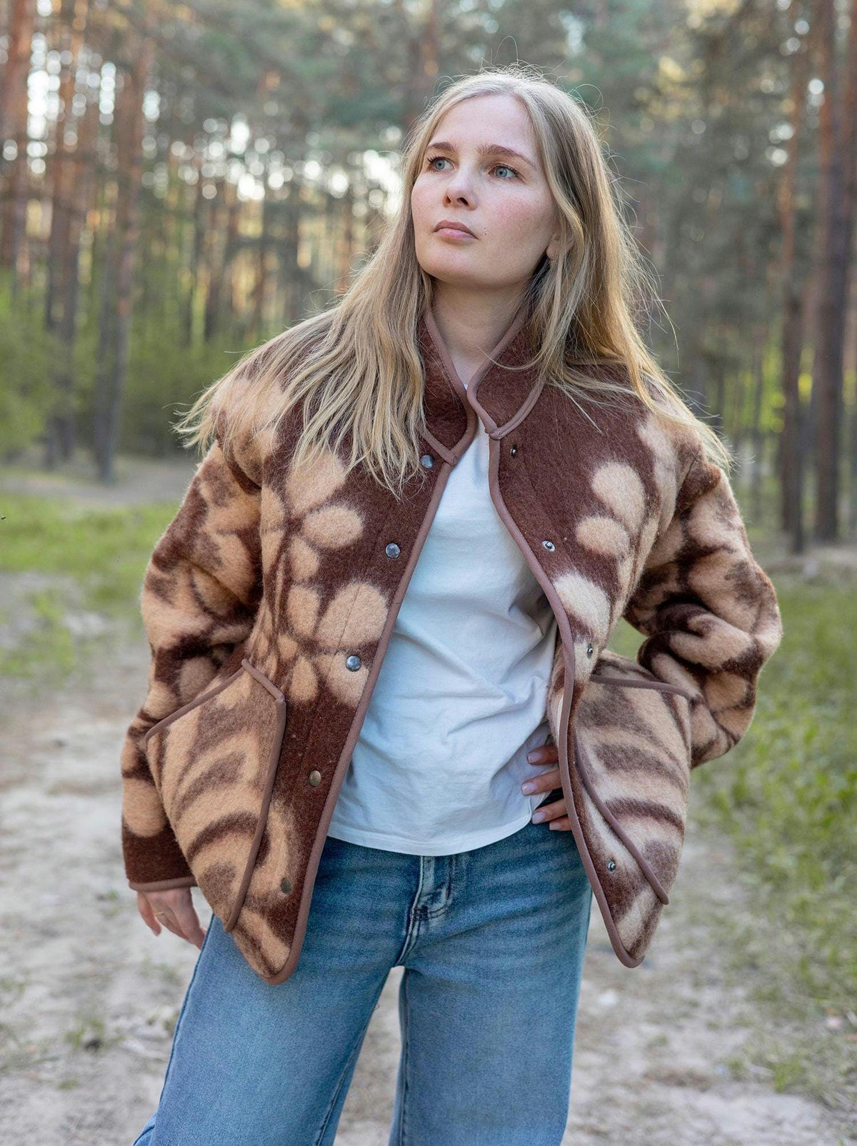 Upcycled Vintage Wool Blanket Jacket, Floral Botanical Cottagecore Outerwear (Size M)