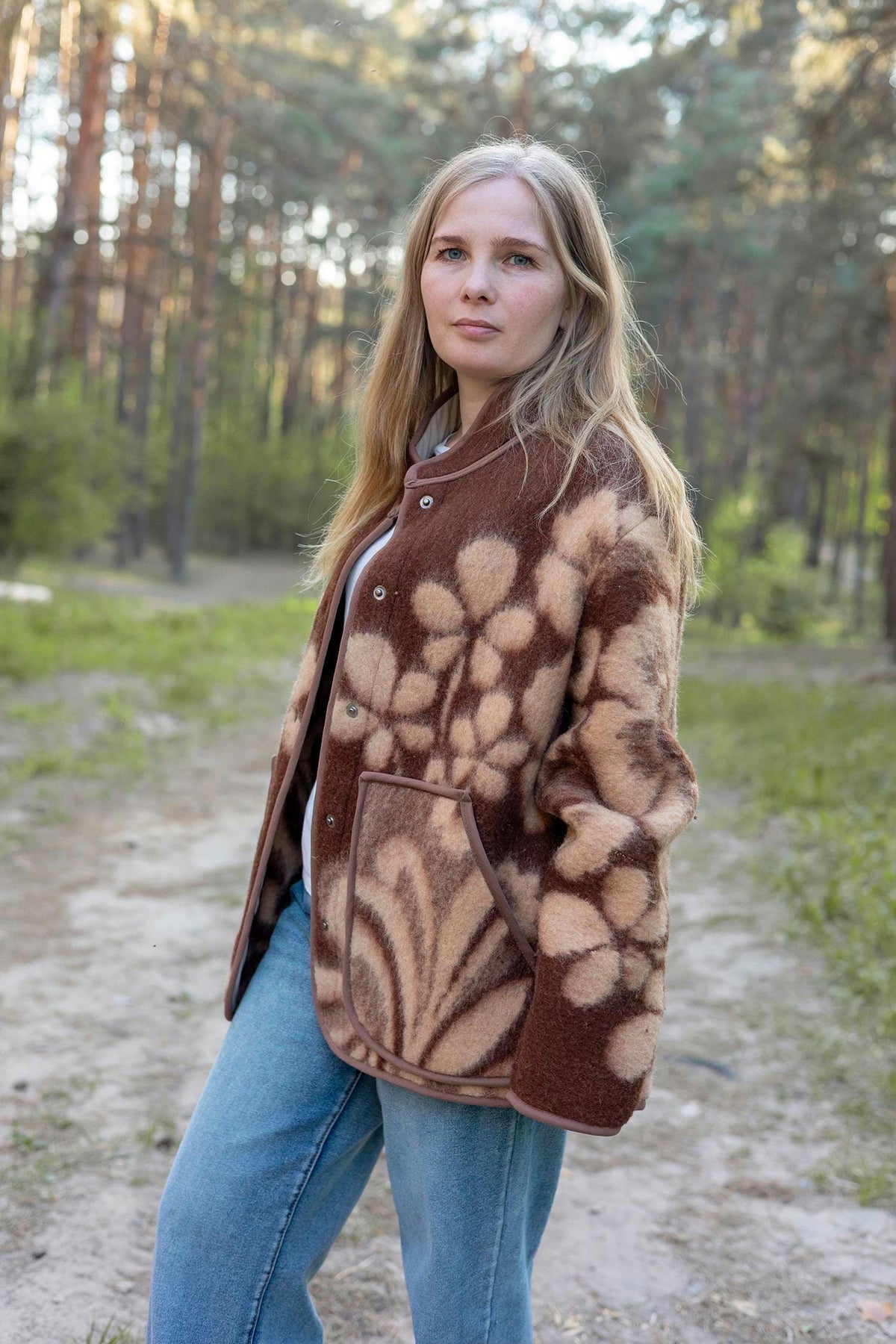 Upcycled Vintage Wool Blanket Jacket, Floral Botanical Cottagecore Outerwear (Size M)