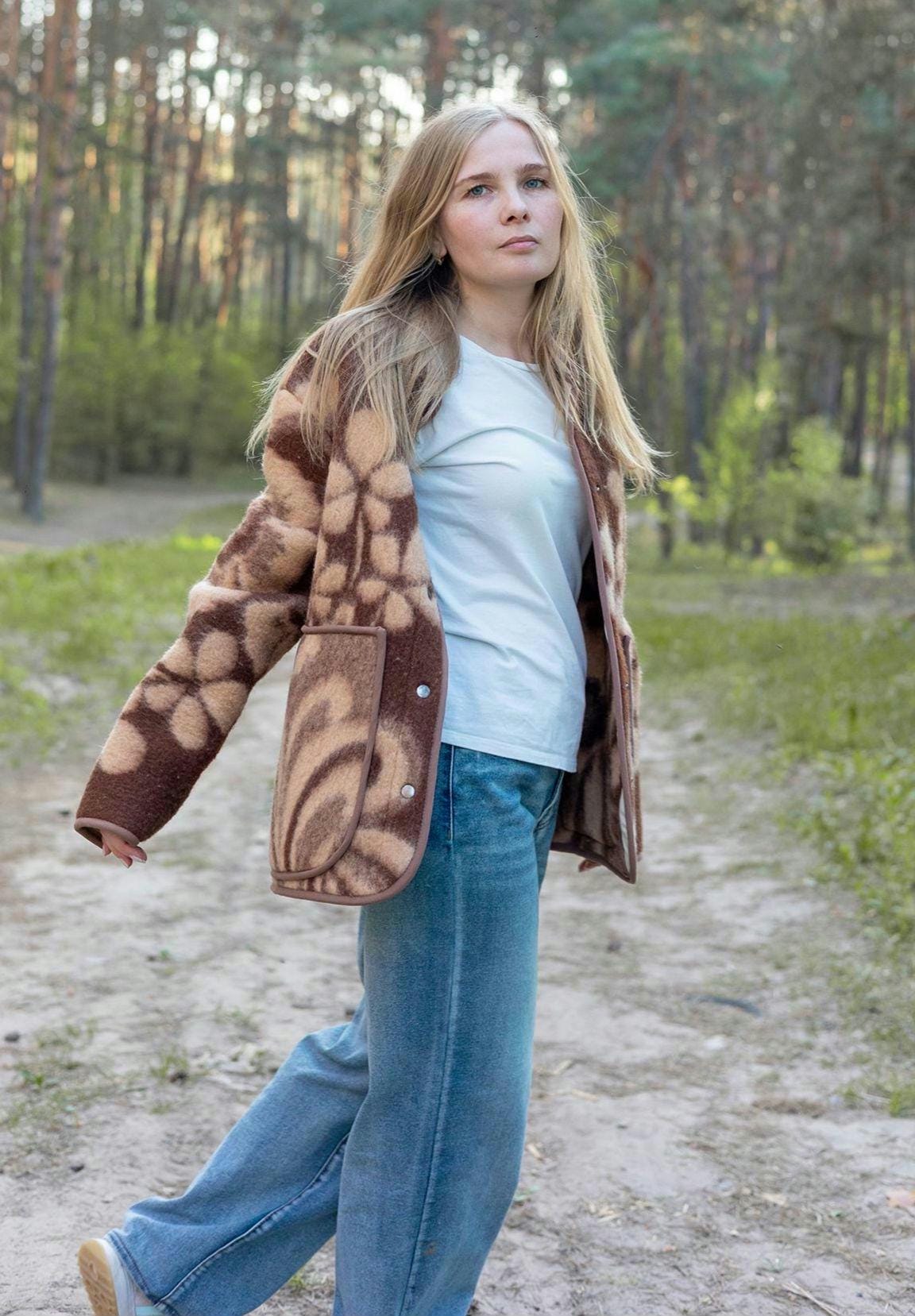 Upcycled Vintage Wool Blanket Jacket, Floral Botanical Cottagecore Outerwear (Size M)