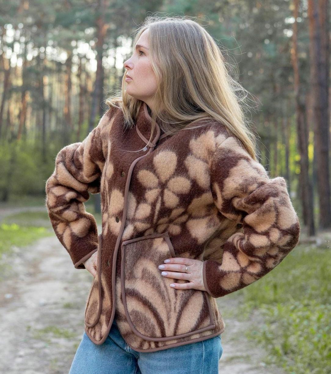 Upcycled Vintage Wool Blanket Jacket, Floral Botanical Cottagecore Outerwear (Size M)