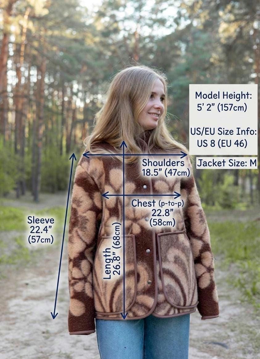 Upcycled Vintage Wool Blanket Jacket, Floral Botanical Cottagecore Outerwear (Size M)