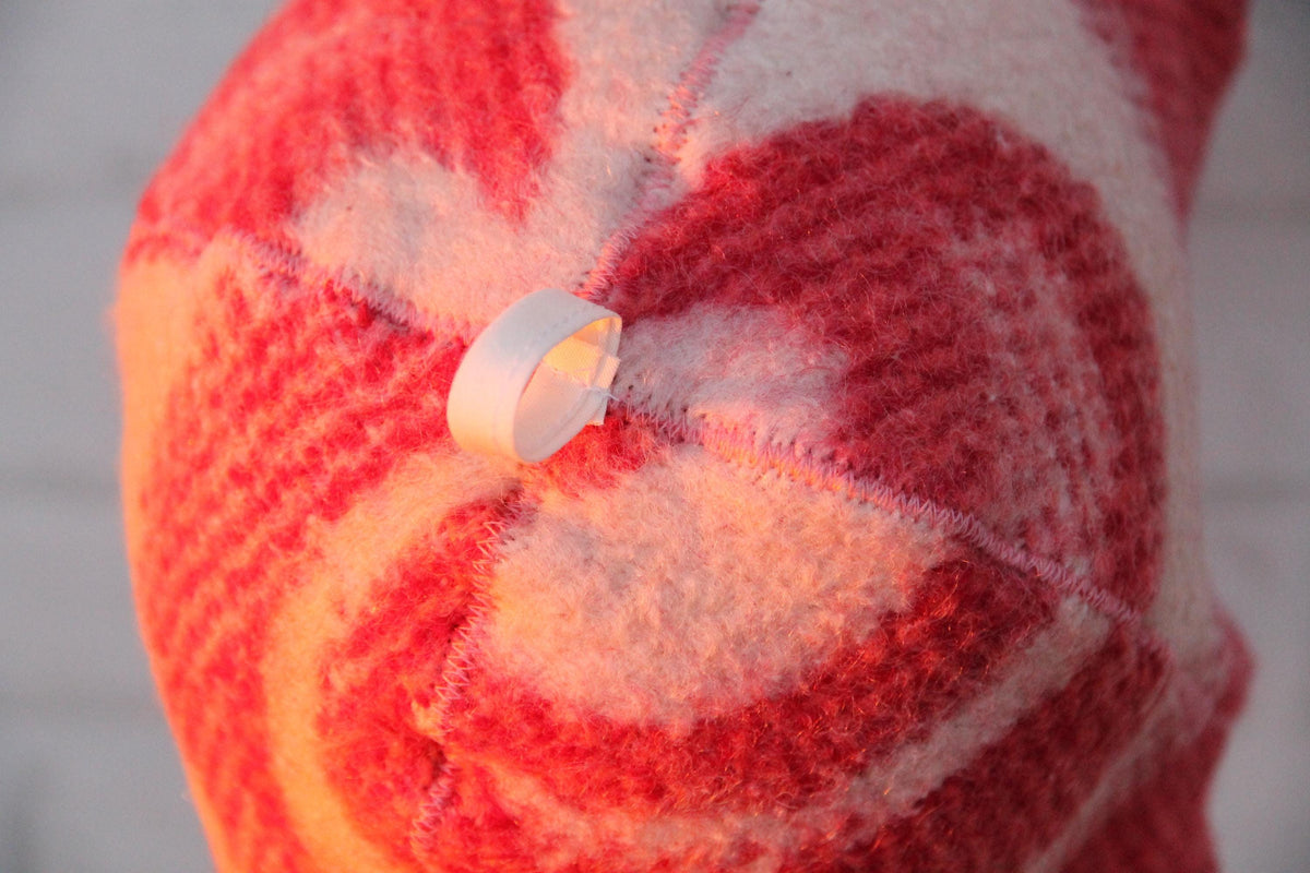 Upcycled Wool Blanket Sauna Hat, Vintage Red White Banya Heat Protection (Hanging Loop)