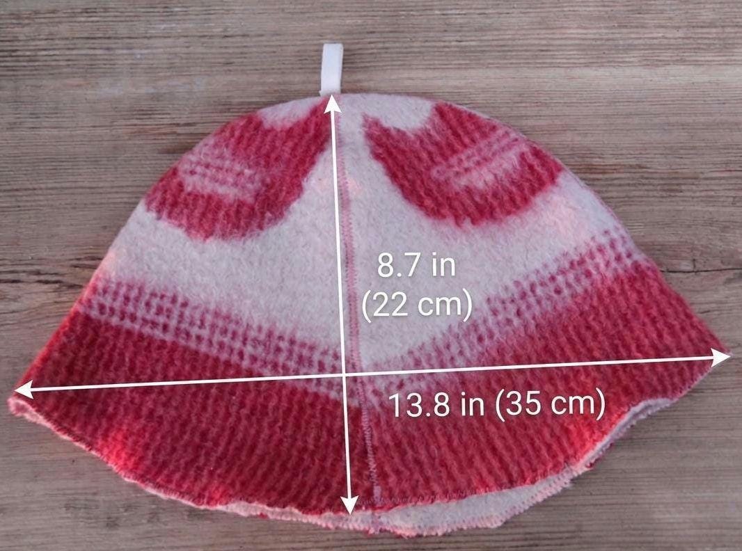 Upcycled Wool Blanket Sauna Hat, Vintage Red White Banya Heat Protection (Hanging Loop)
