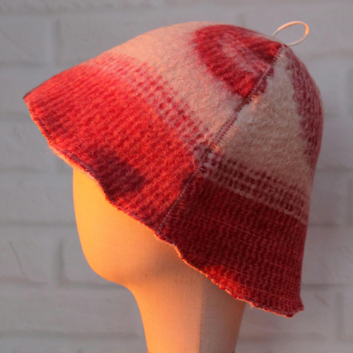 Upcycled Wool Blanket Sauna Hat, Vintage Red White Banya Heat Protection (Hanging Loop)