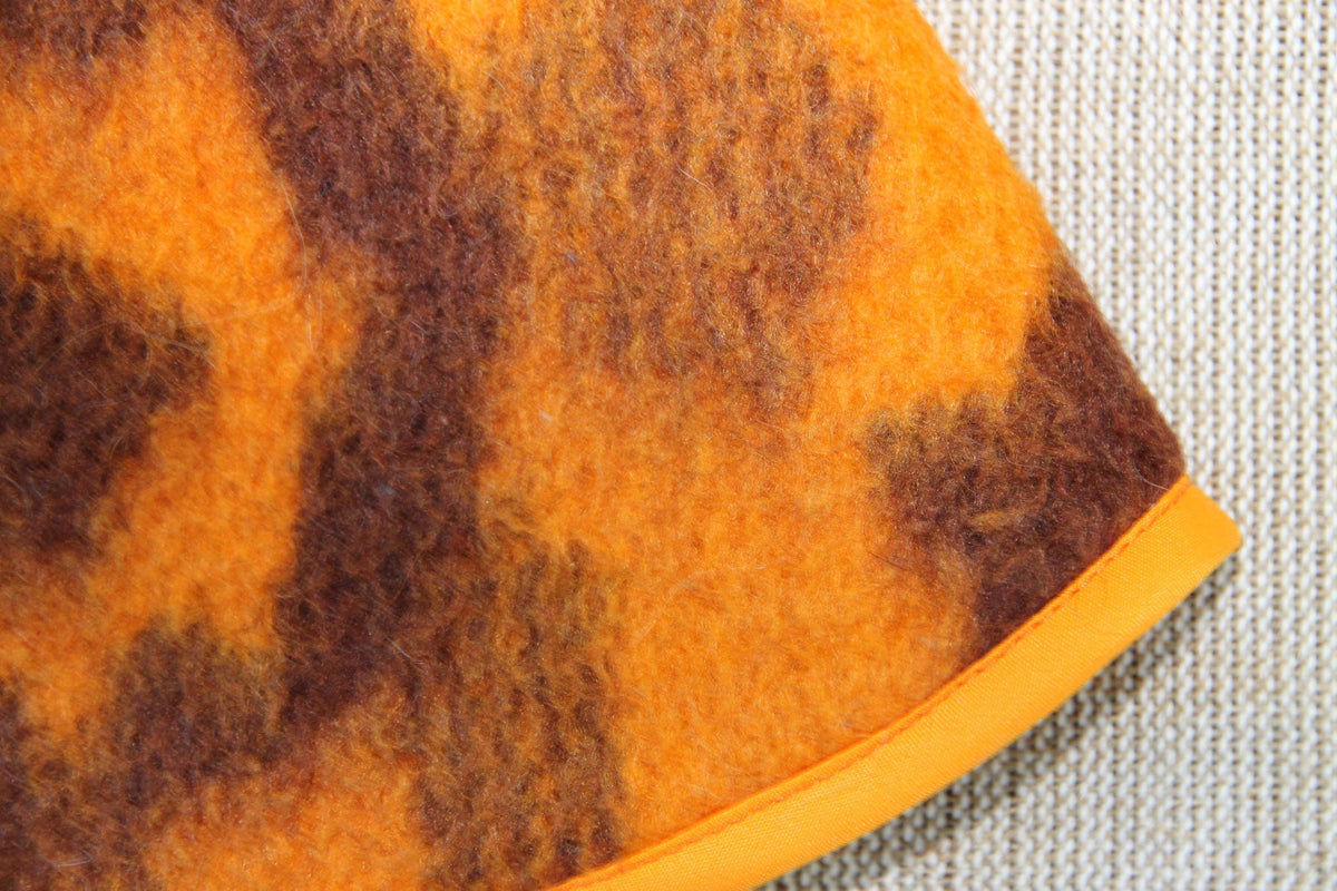 Upcycled Wool Blanket Sauna Hat – Vibrant Orange & Brown Pattern