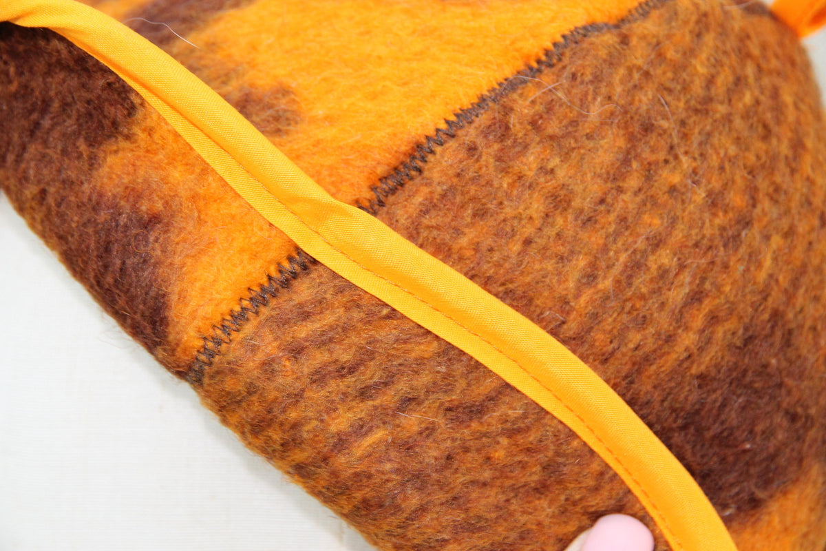 Upcycled Wool Blanket Sauna Hat – Vibrant Orange & Brown Pattern
