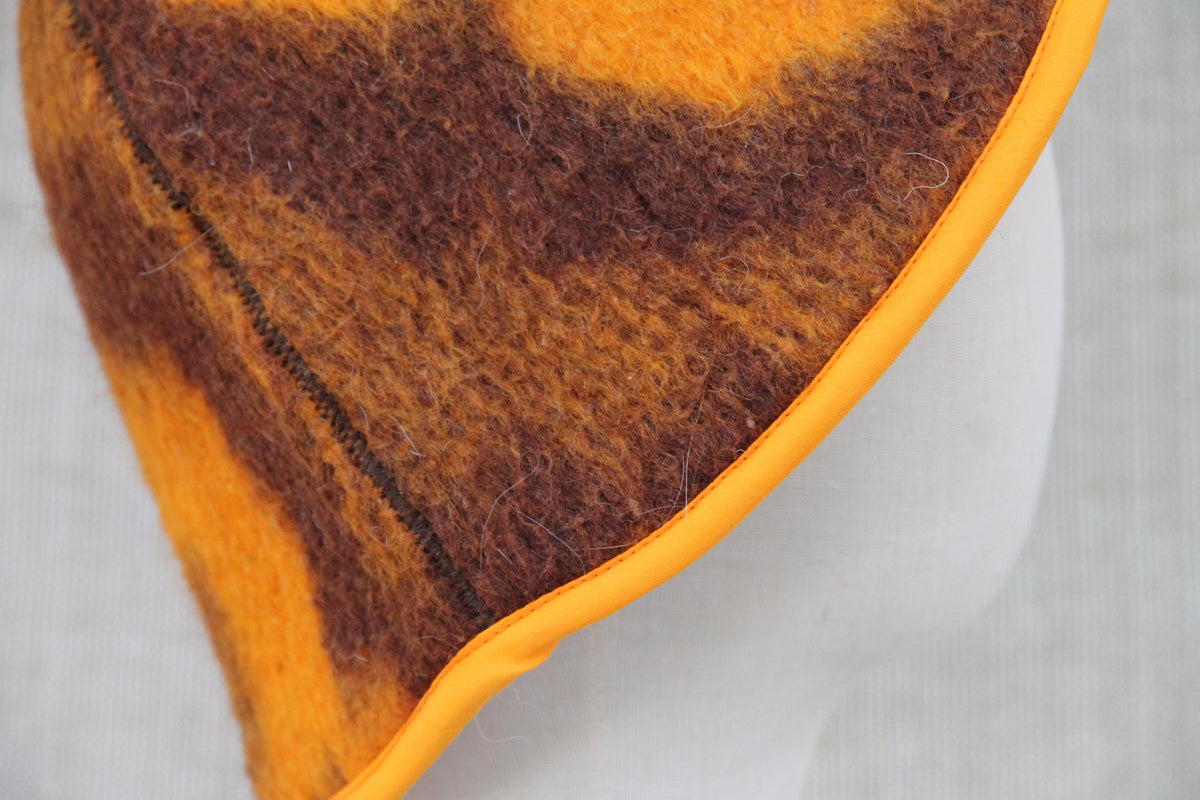 Upcycled Wool Blanket Sauna Hat – Vibrant Orange & Brown Pattern