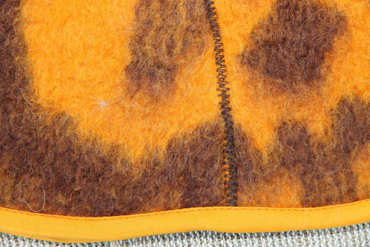Upcycled Wool Blanket Sauna Hat – Vibrant Orange & Brown Pattern