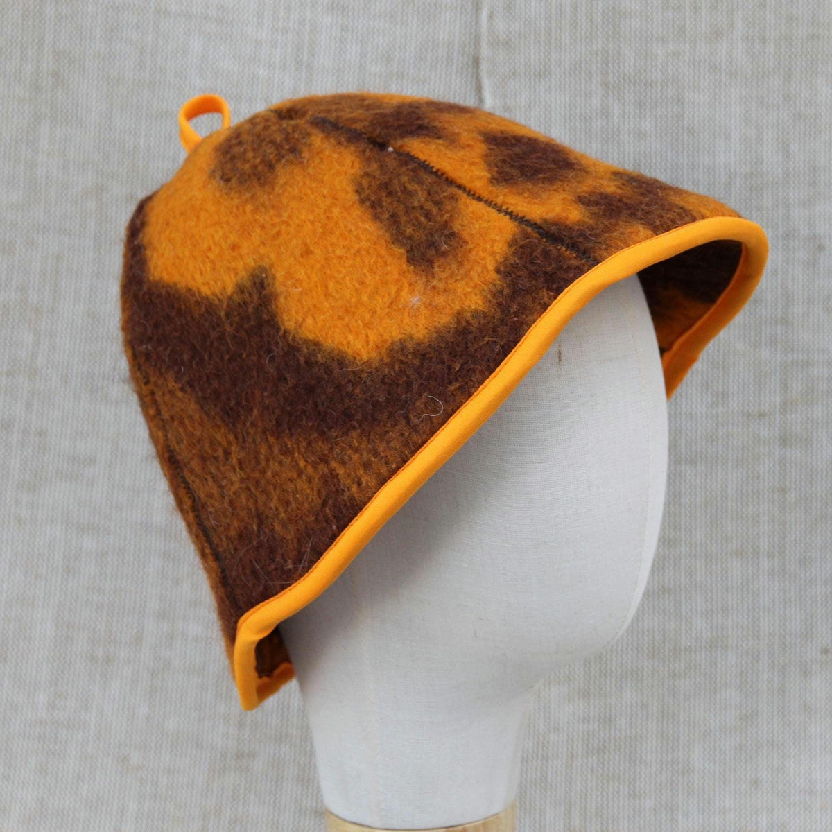 Upcycled Wool Blanket Sauna Hat – Vibrant Orange & Brown Pattern