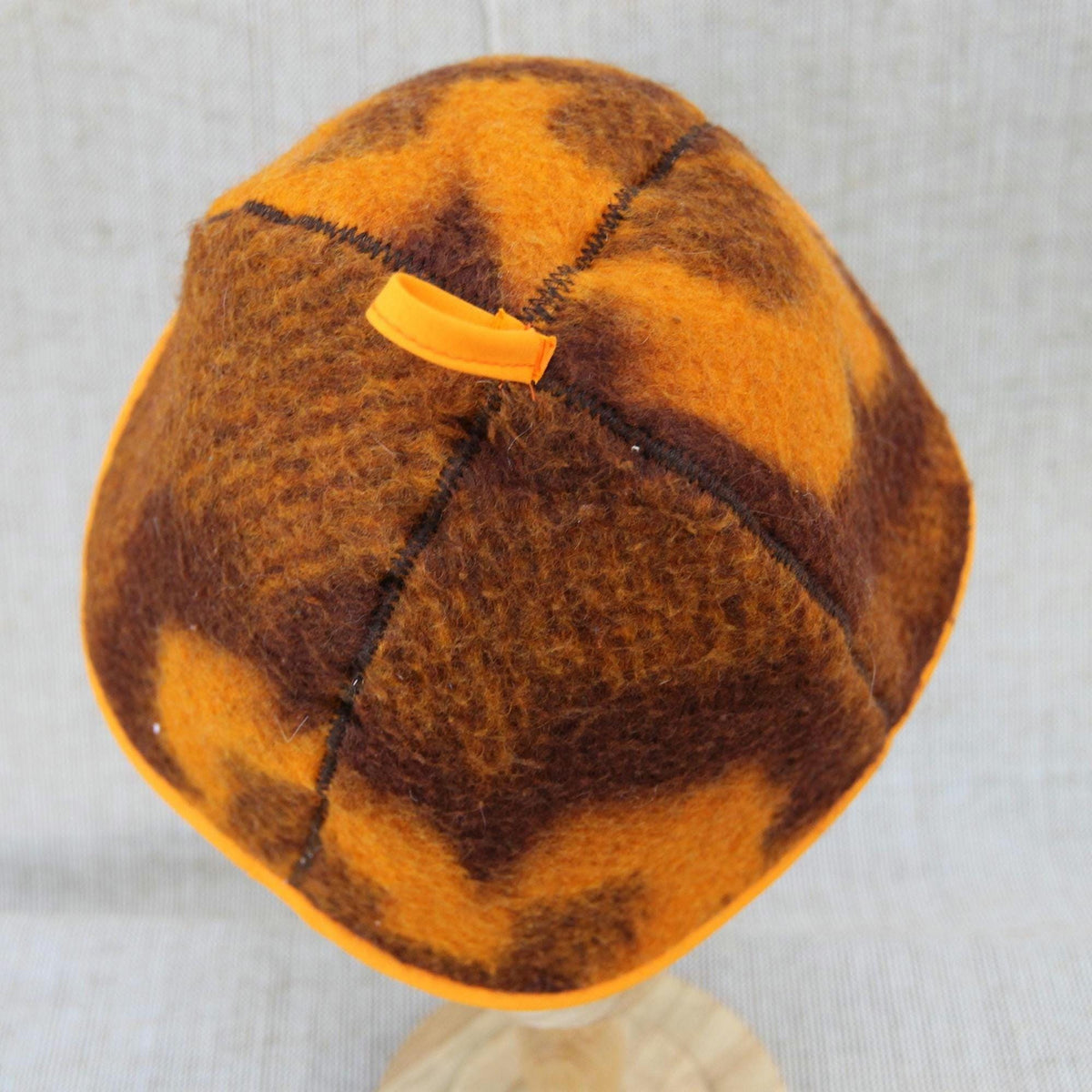 Upcycled Wool Blanket Sauna Hat – Vibrant Orange & Brown Pattern