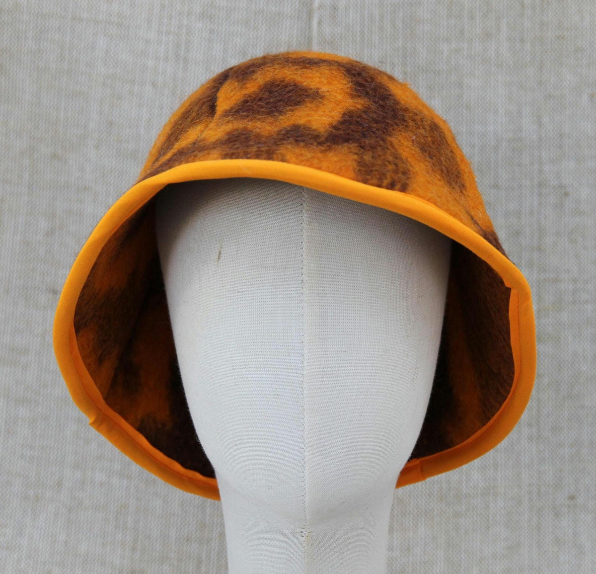 Upcycled Wool Blanket Sauna Hat – Vibrant Orange & Brown Pattern