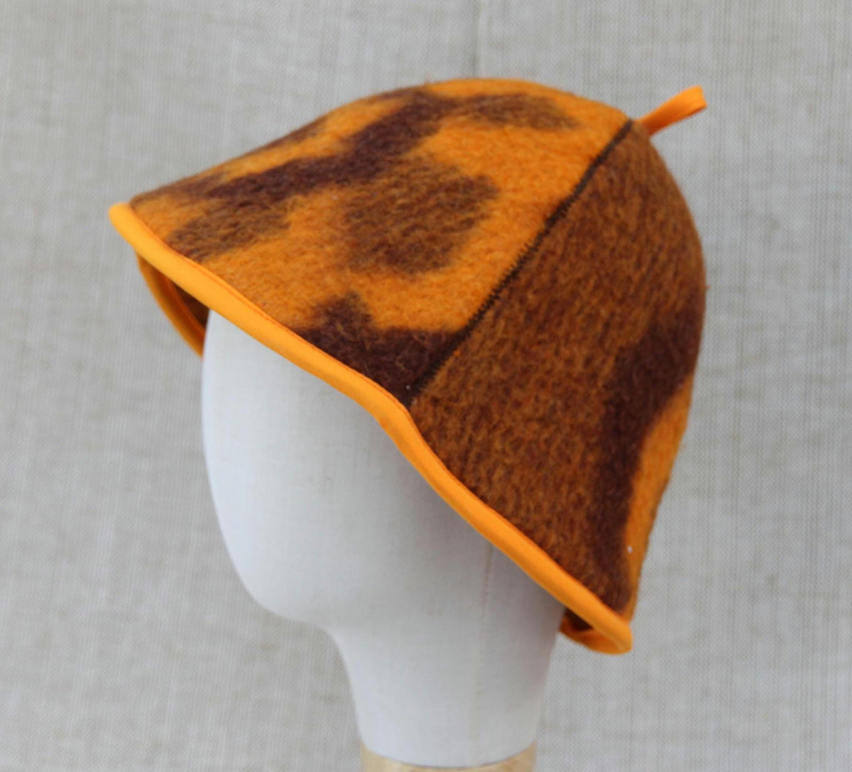 Upcycled Wool Blanket Sauna Hat – Vibrant Orange & Brown Pattern