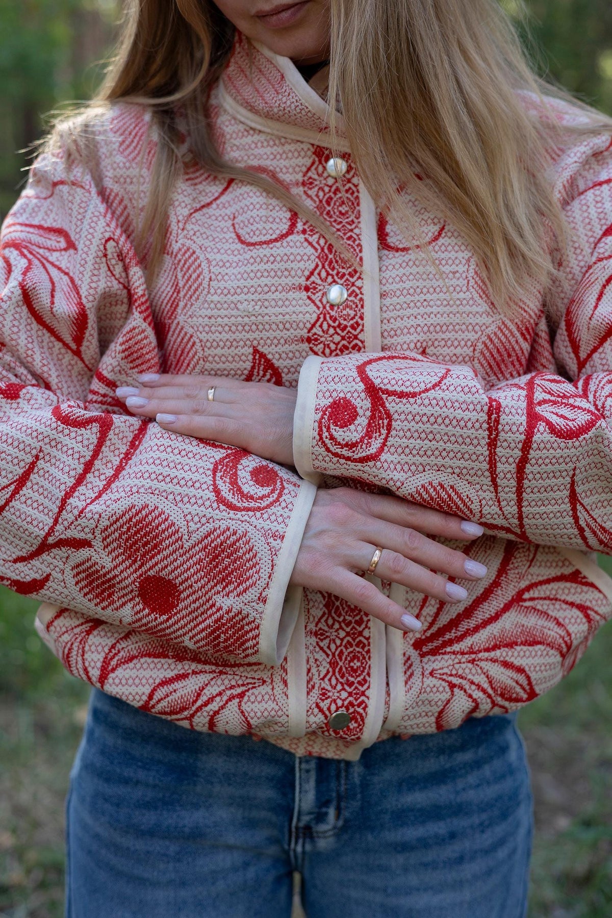 Upcycled Cotton Tapestry Bomber Jacket, Red Floral Cottagecore Statement Coat (M-L)