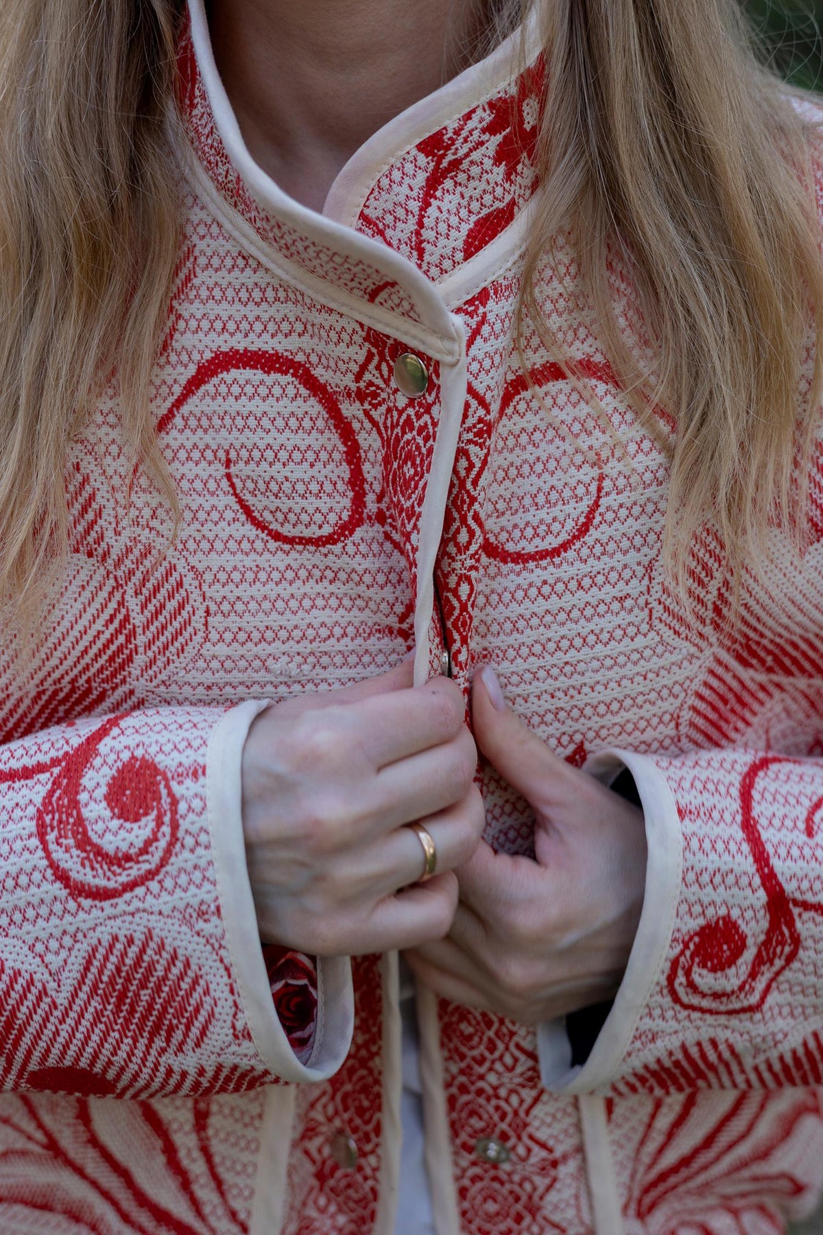 Upcycled Cotton Tapestry Bomber Jacket, Red Floral Cottagecore Statement Coat (M-L)