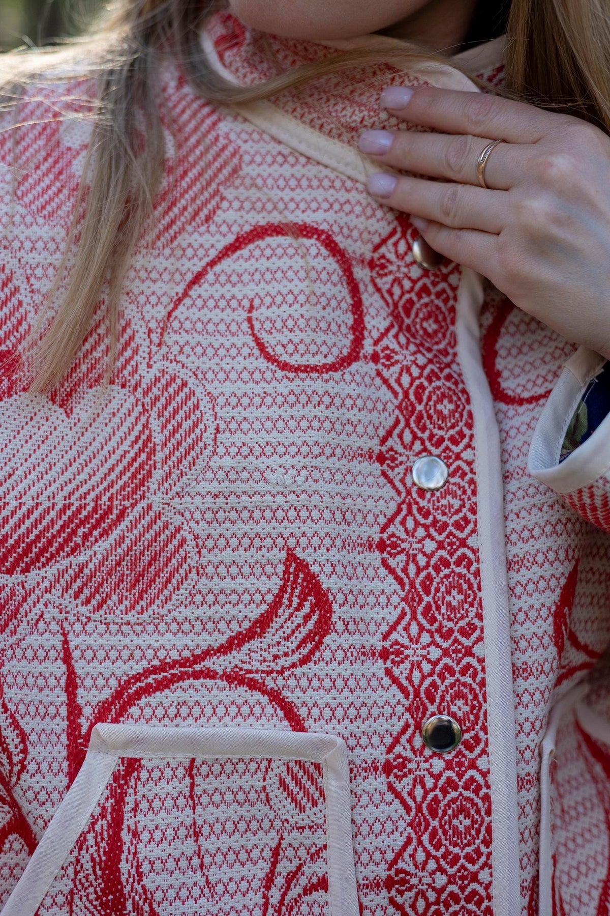 Upcycled Cotton Tapestry Bomber Jacket, Red Floral Cottagecore Statement Coat (M-L)
