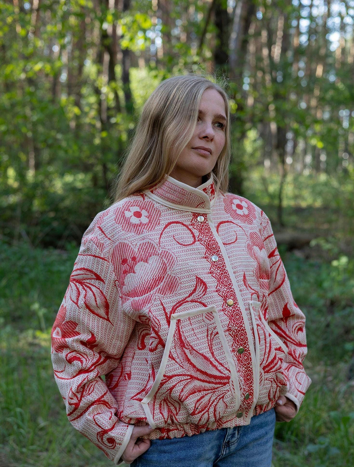 Upcycled Cotton Tapestry Bomber Jacket, Red Floral Cottagecore Statement Coat (M-L)