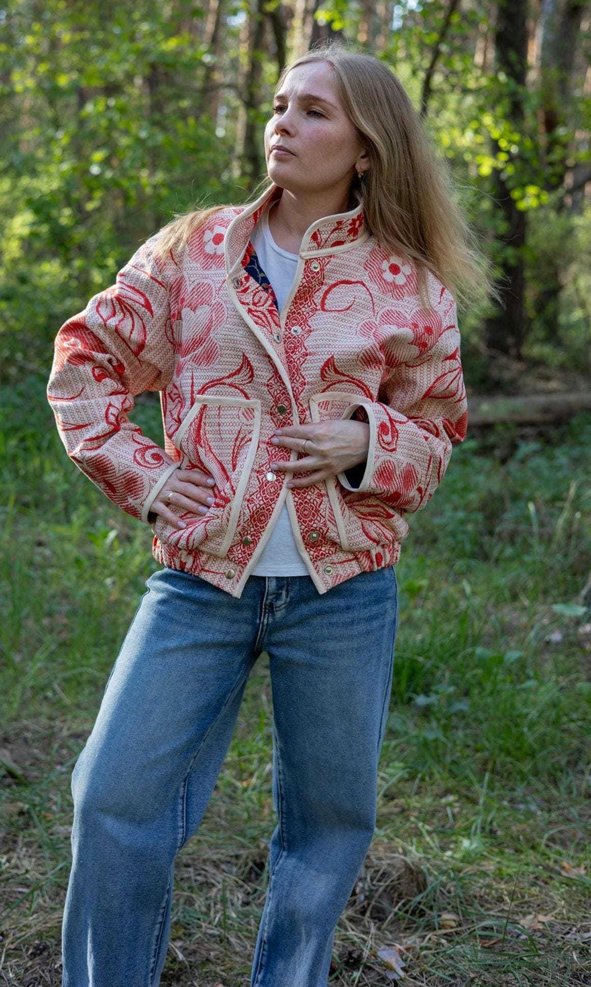 Upcycled Cotton Tapestry Bomber Jacket, Red Floral Cottagecore Statement Coat (M-L)