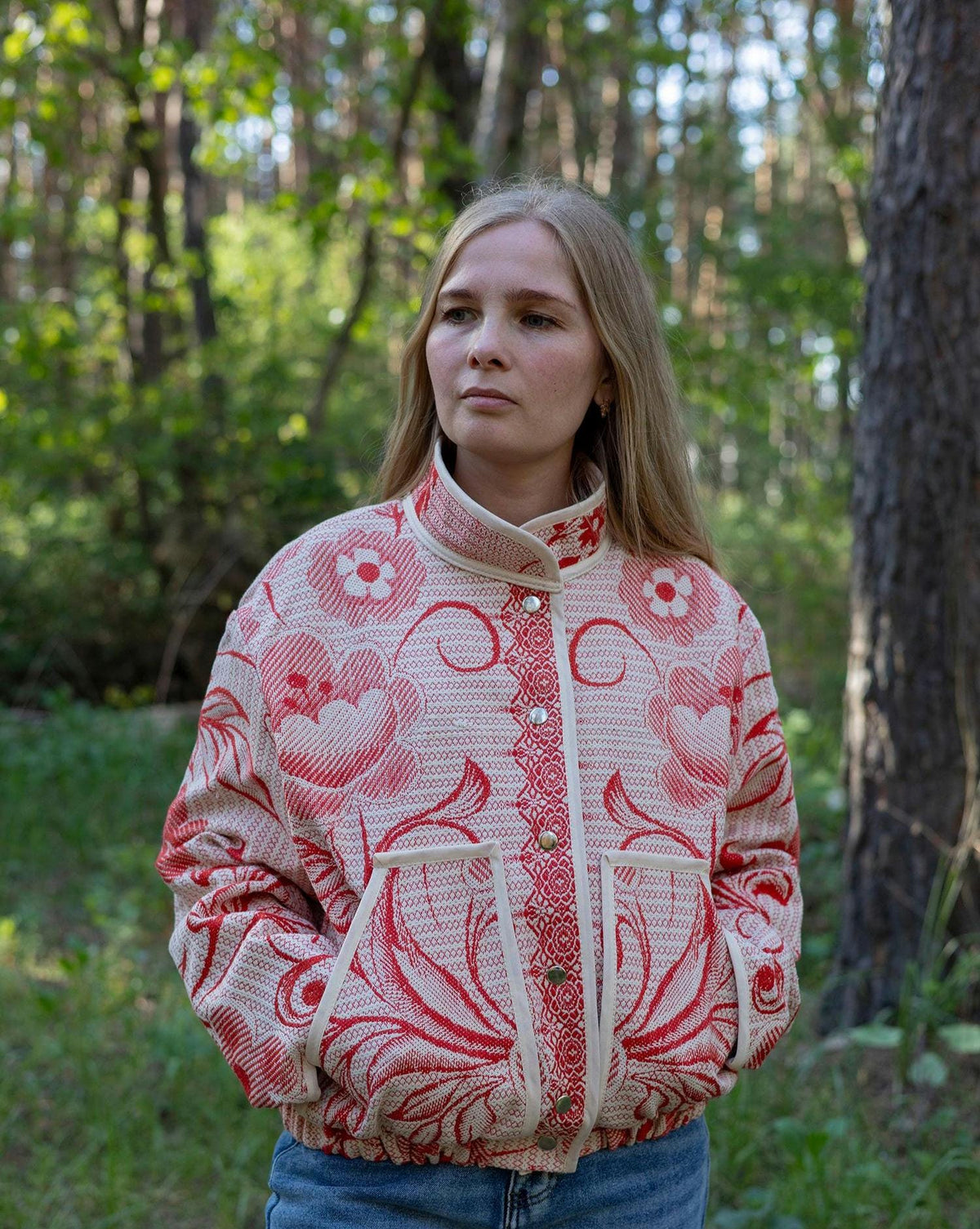 Upcycled Cotton Tapestry Bomber Jacket, Red Floral Cottagecore Statement Coat (M-L)