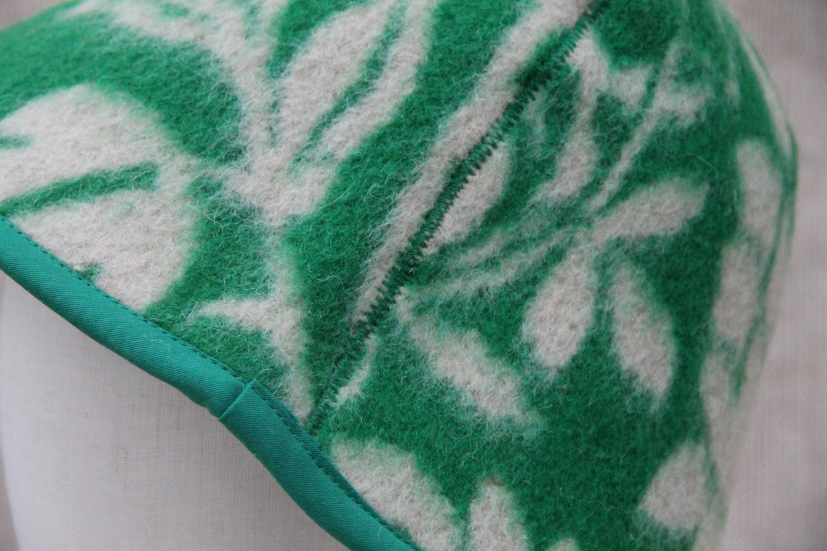Upcycled Wool Sauna Hat, Green Floral Banya Cap, Eco-Friendly Head Protection