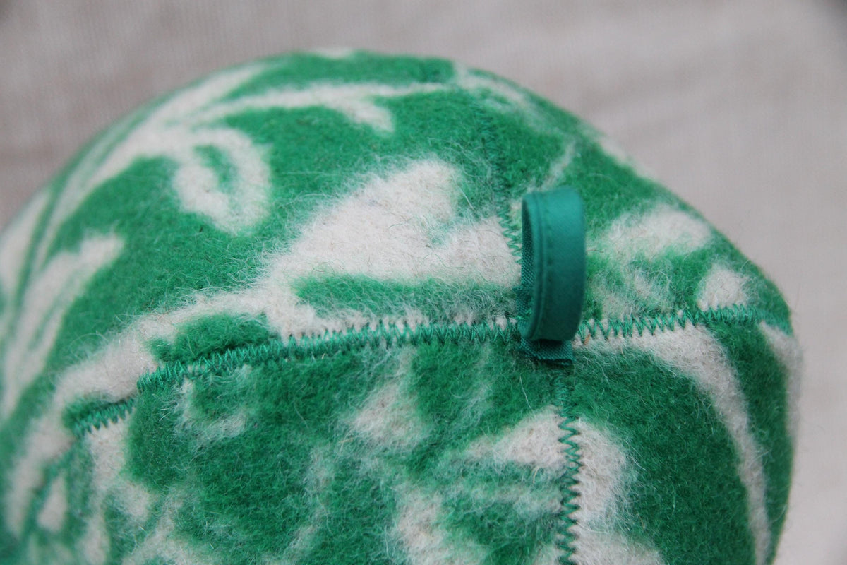 Upcycled Wool Sauna Hat, Green Floral Banya Cap, Eco-Friendly Head Protection