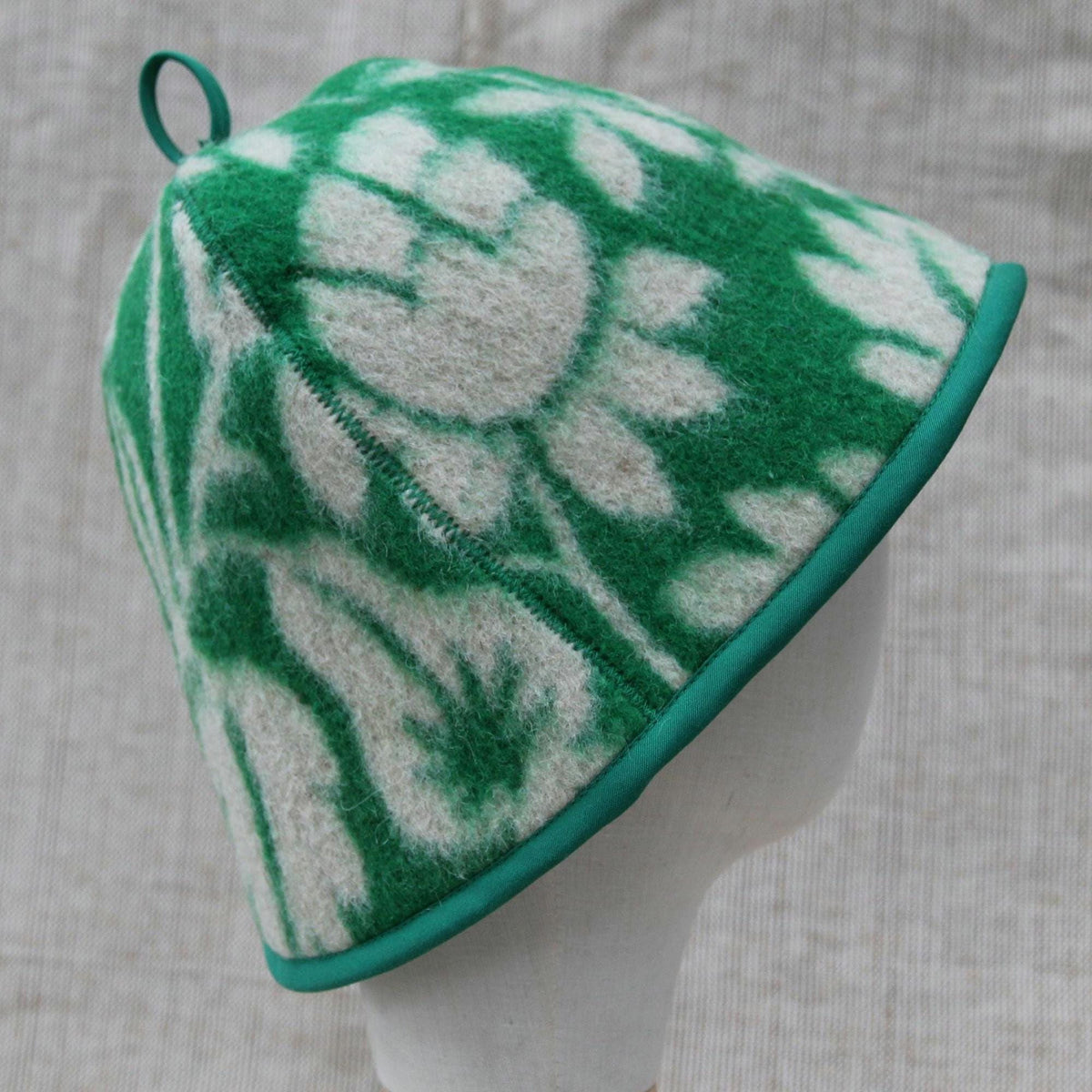 Upcycled Wool Sauna Hat, Green Floral Banya Cap, Eco-Friendly Head Protection