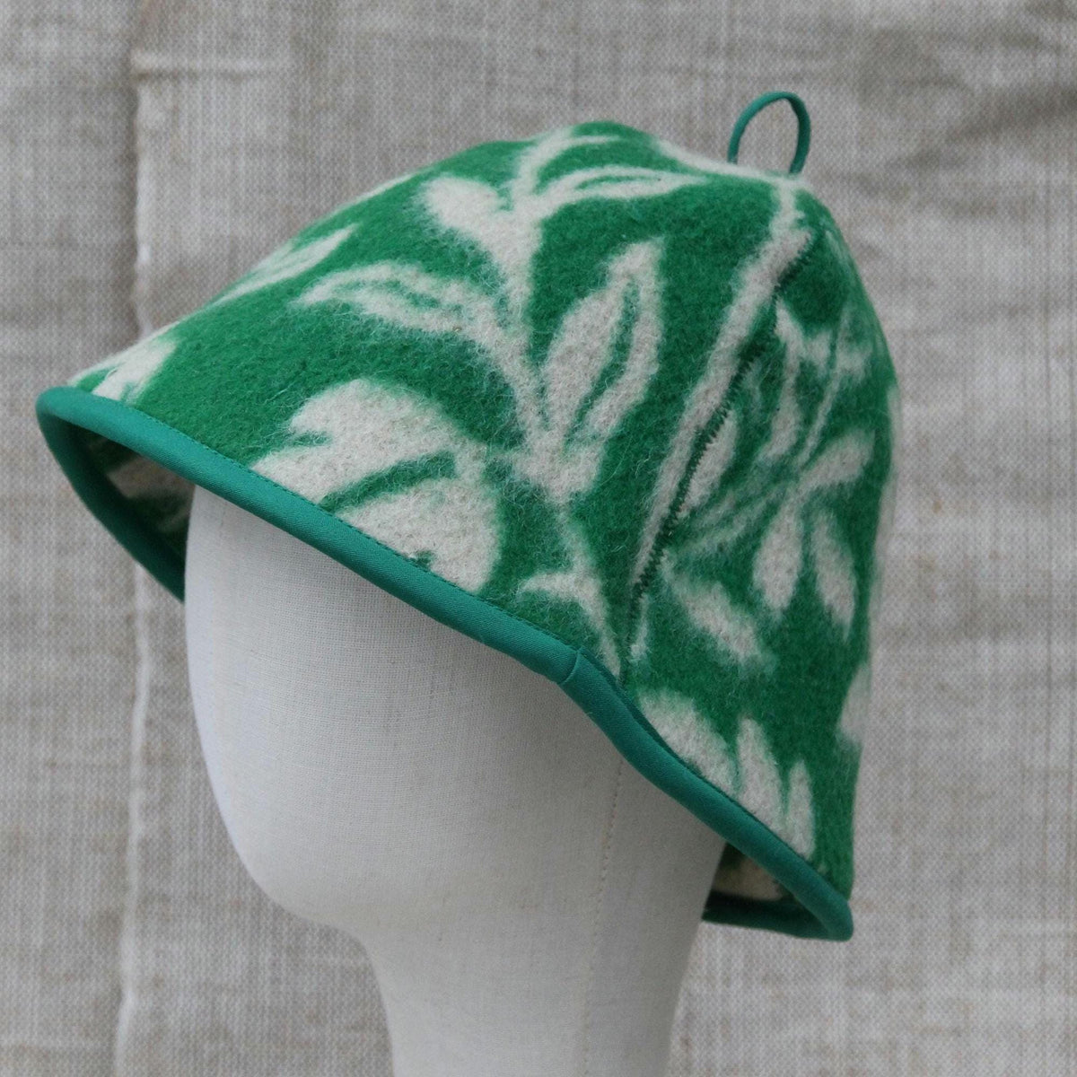 Upcycled Wool Sauna Hat, Green Floral Banya Cap, Eco-Friendly Head Protection
