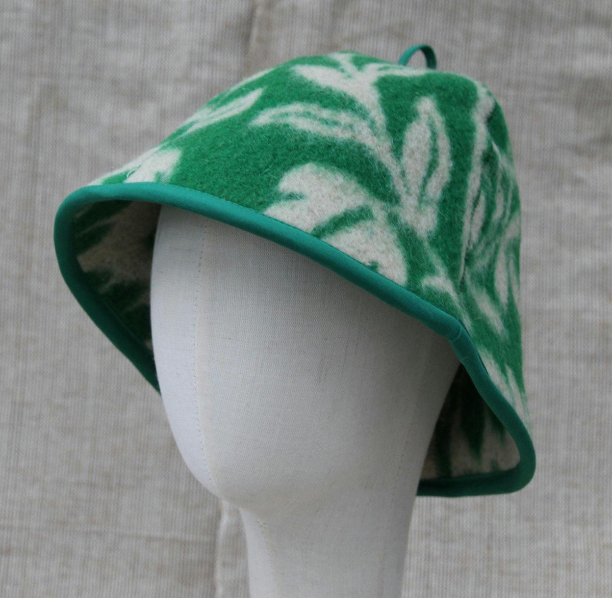 Upcycled Wool Sauna Hat, Green Floral Banya Cap, Eco-Friendly Head Protection