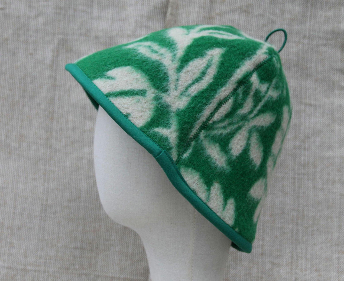 Upcycled Wool Sauna Hat, Green Floral Banya Cap, Eco-Friendly Head Protection