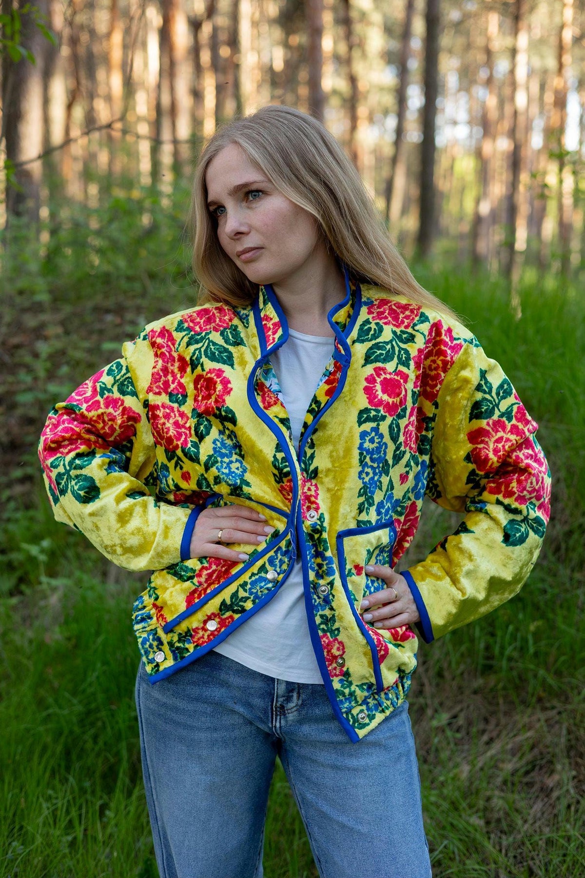 Upcycled Vintage Plush Jacket, Yellow Floral Boho Bomber Coat, Sustainable Velvet (M-L)