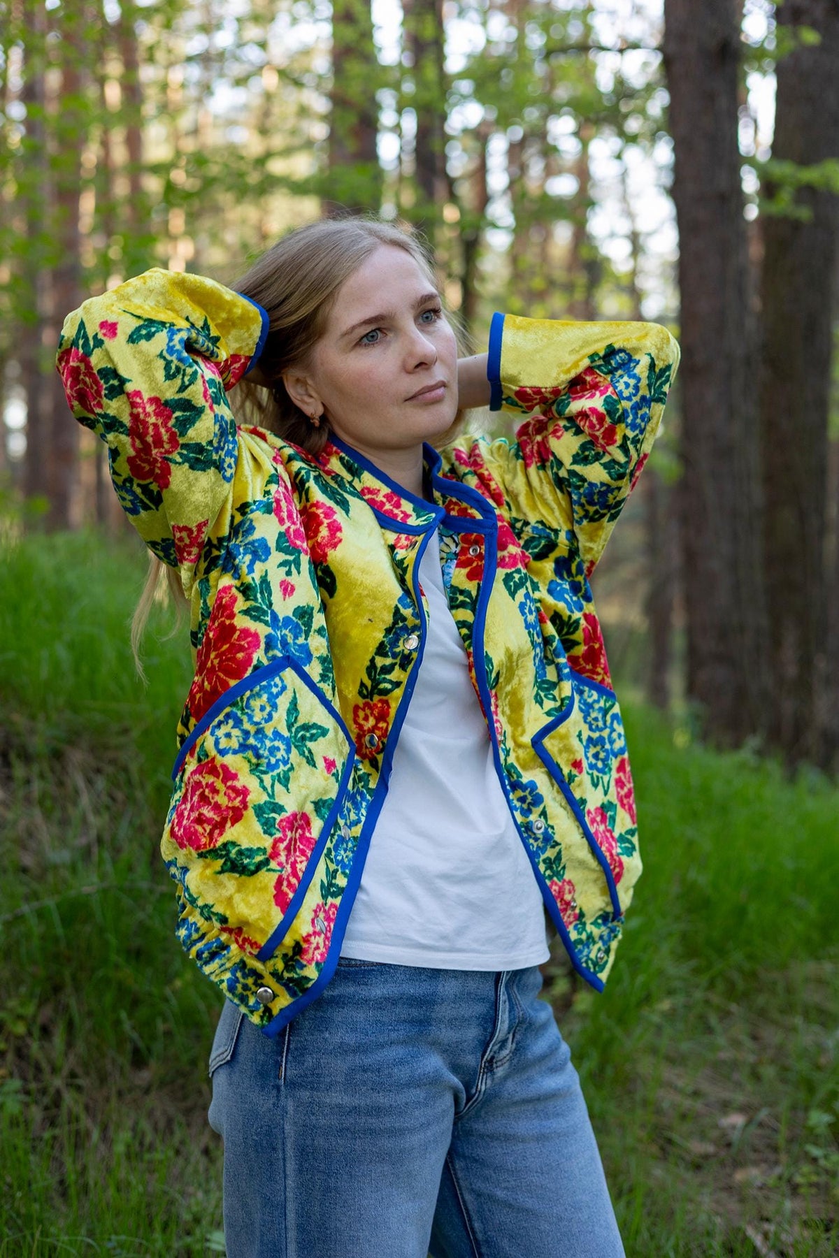 Upcycled Vintage Plush Jacket, Yellow Floral Boho Bomber Coat, Sustainable Velvet (M-L)