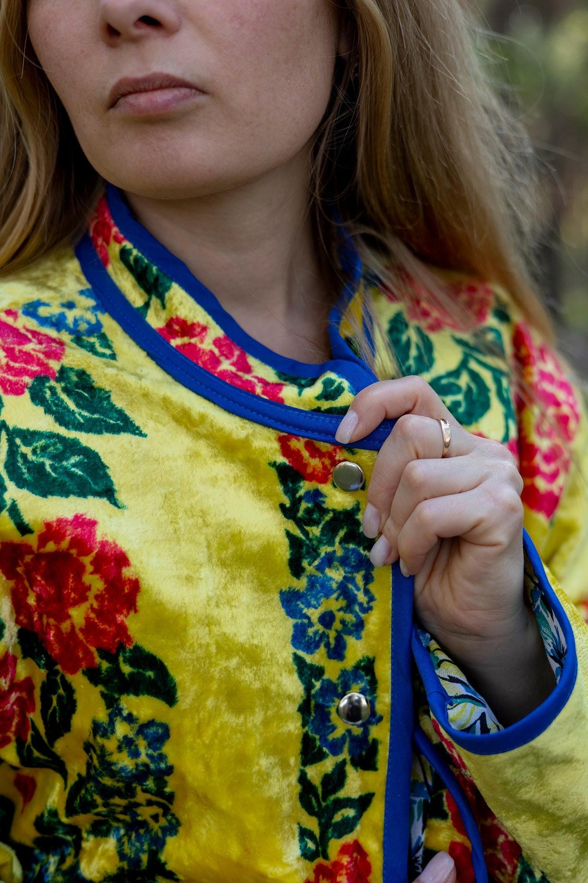 Upcycled Vintage Plush Jacket, Yellow Floral Boho Bomber Coat, Sustainable Velvet (M-L)