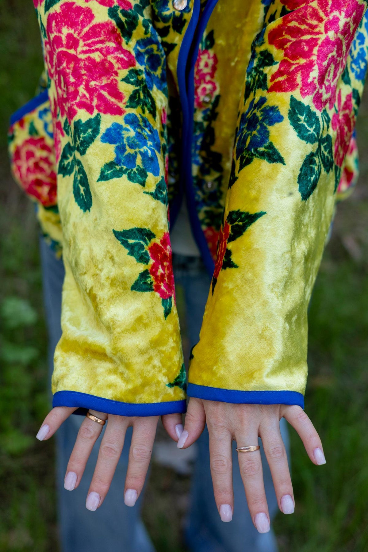 Upcycled Vintage Plush Jacket, Yellow Floral Boho Bomber Coat, Sustainable Velvet (M-L)