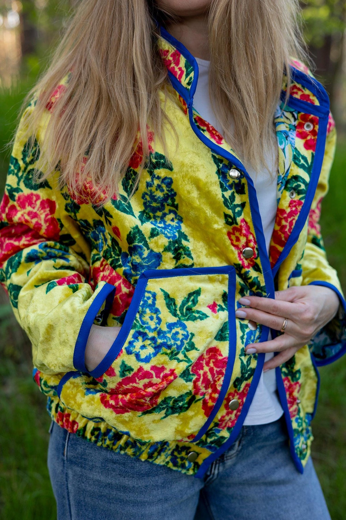 Upcycled Vintage Plush Jacket, Yellow Floral Boho Bomber Coat, Sustainable Velvet (M-L)