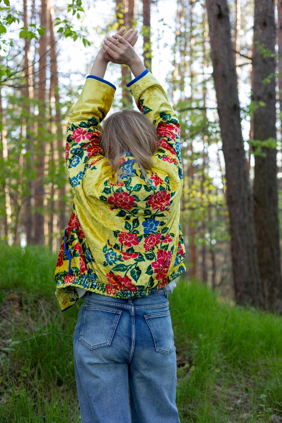 Upcycled Vintage Plush Jacket, Yellow Floral Boho Bomber Coat, Sustainable Velvet (M-L)