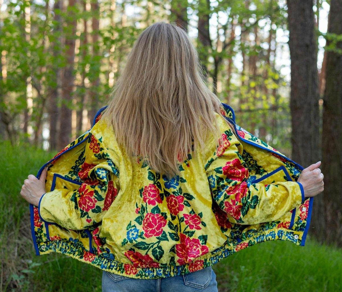 Upcycled Vintage Plush Jacket, Yellow Floral Boho Bomber Coat, Sustainable Velvet (M-L)