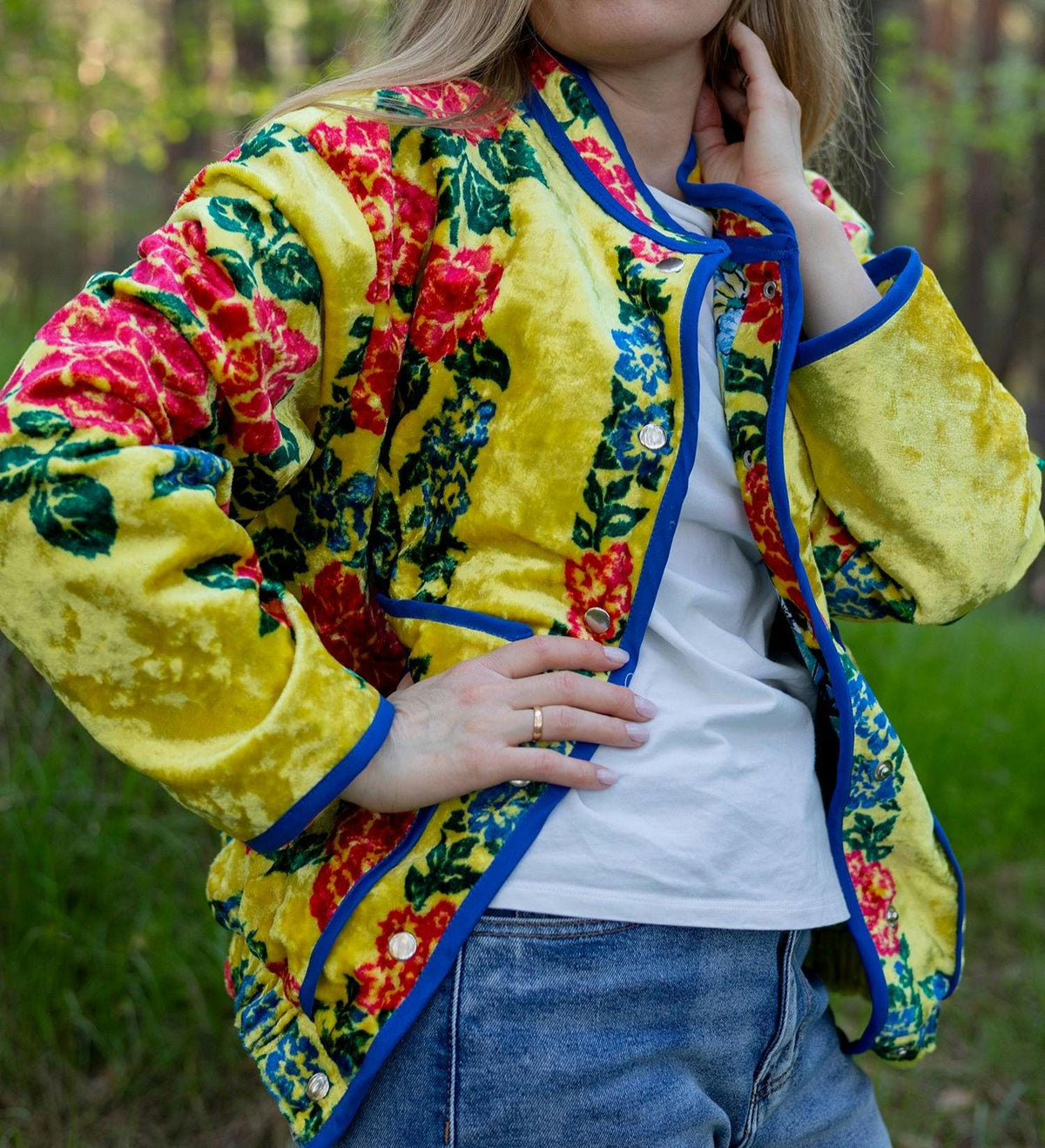 Upcycled Vintage Plush Jacket, Yellow Floral Boho Bomber Coat, Sustainable Velvet (M-L)
