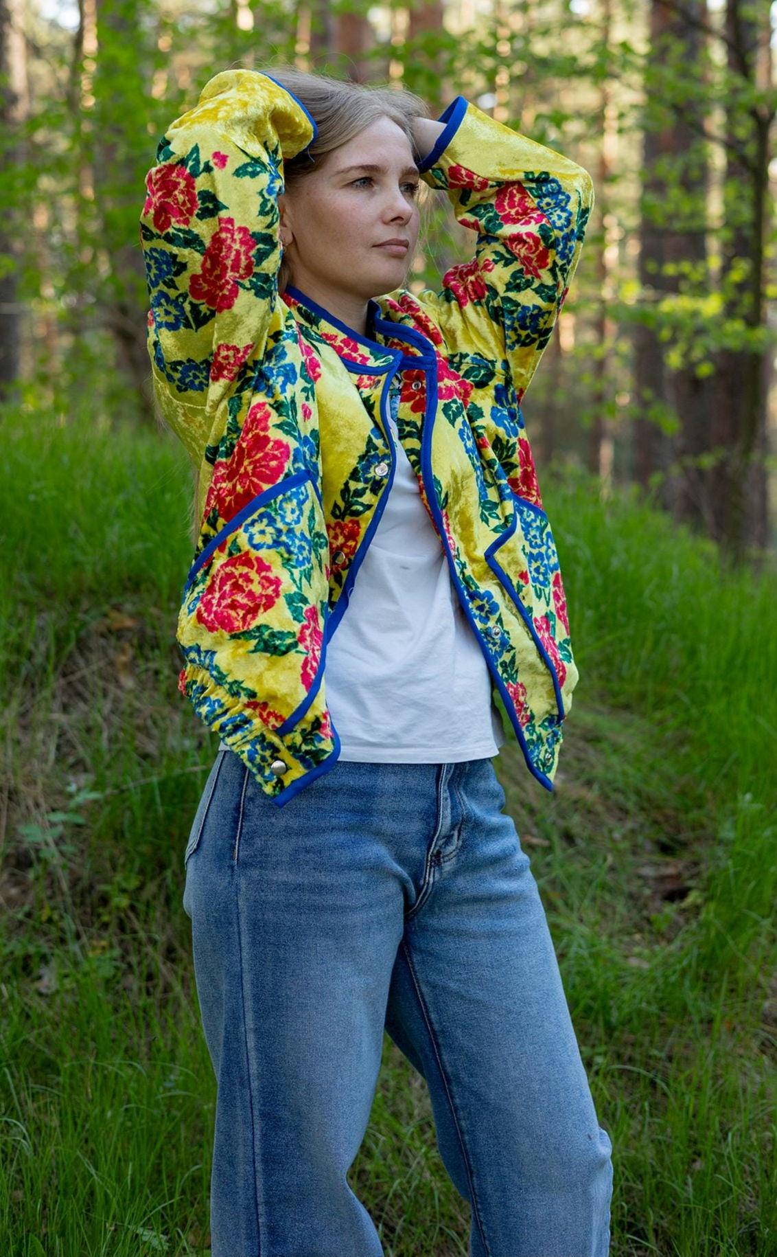 Upcycled Vintage Plush Jacket, Yellow Floral Boho Bomber Coat, Sustainable Velvet (M-L)