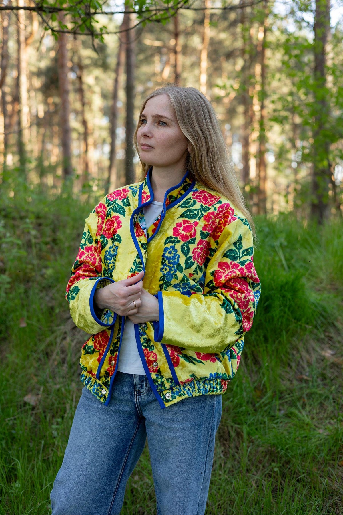 Upcycled Vintage Plush Jacket, Yellow Floral Boho Bomber Coat, Sustainable Velvet (M-L)