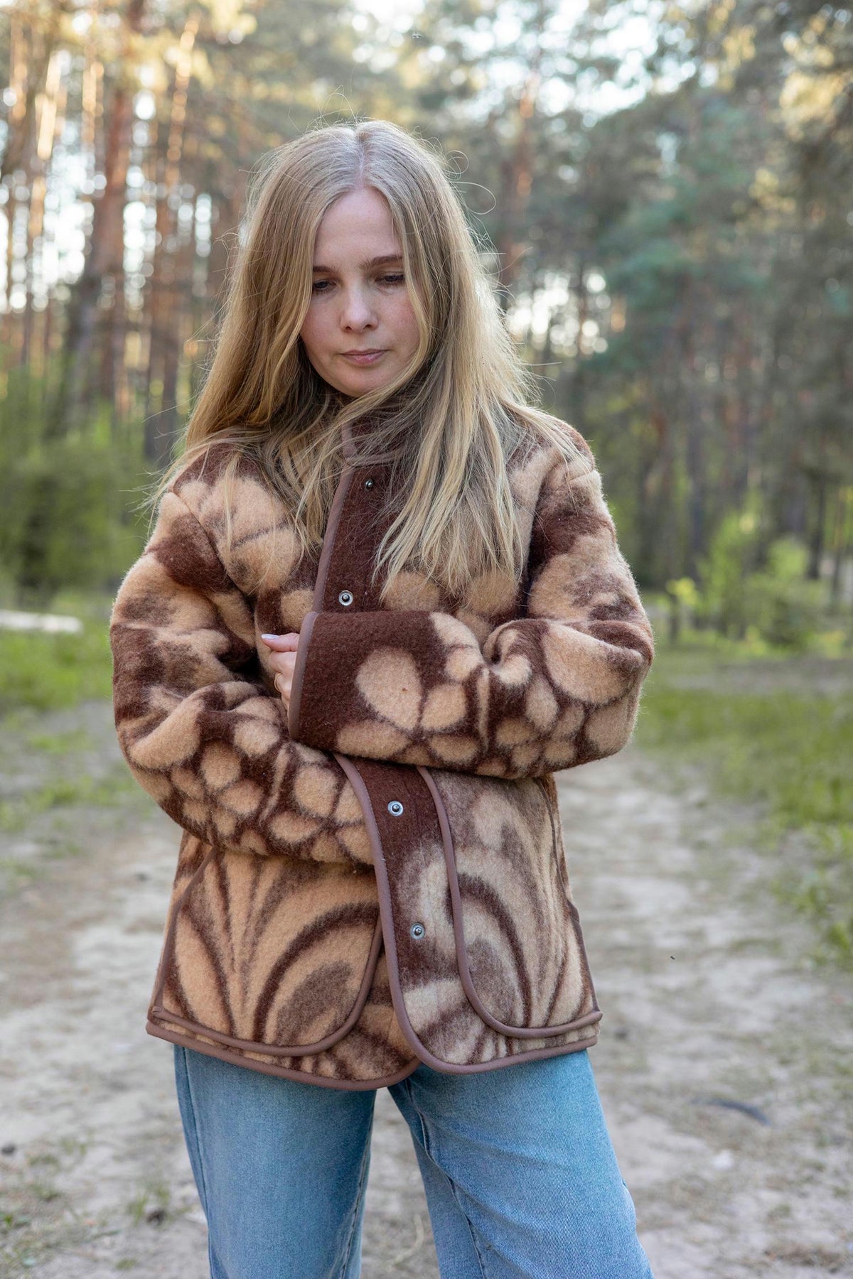 Upcycled Vintage Wool Blanket Jacket, Floral Botanical Cottagecore Outerwear (Size M)