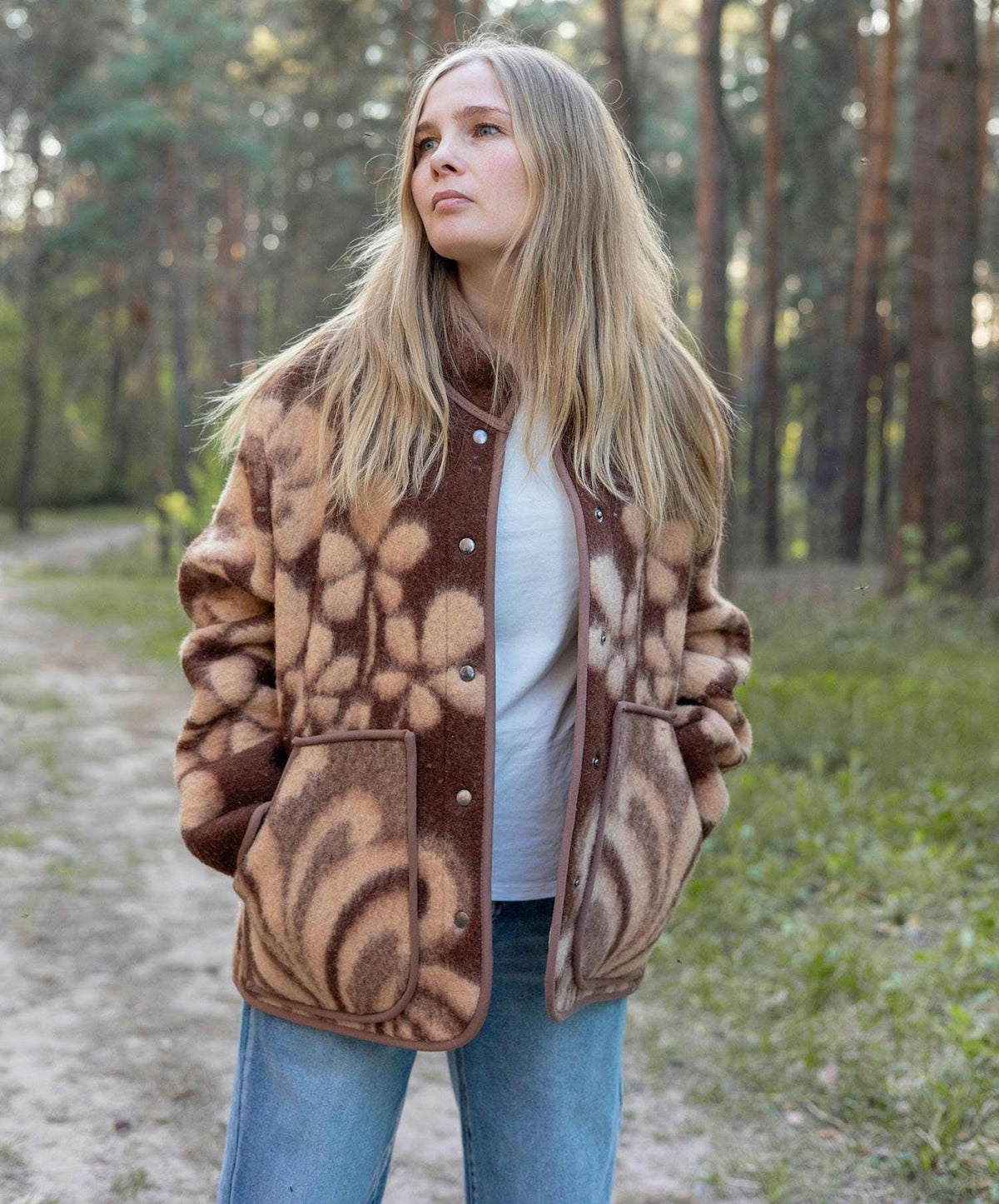 Upcycled Vintage Wool Blanket Jacket, Floral Botanical Cottagecore Outerwear (Size M)