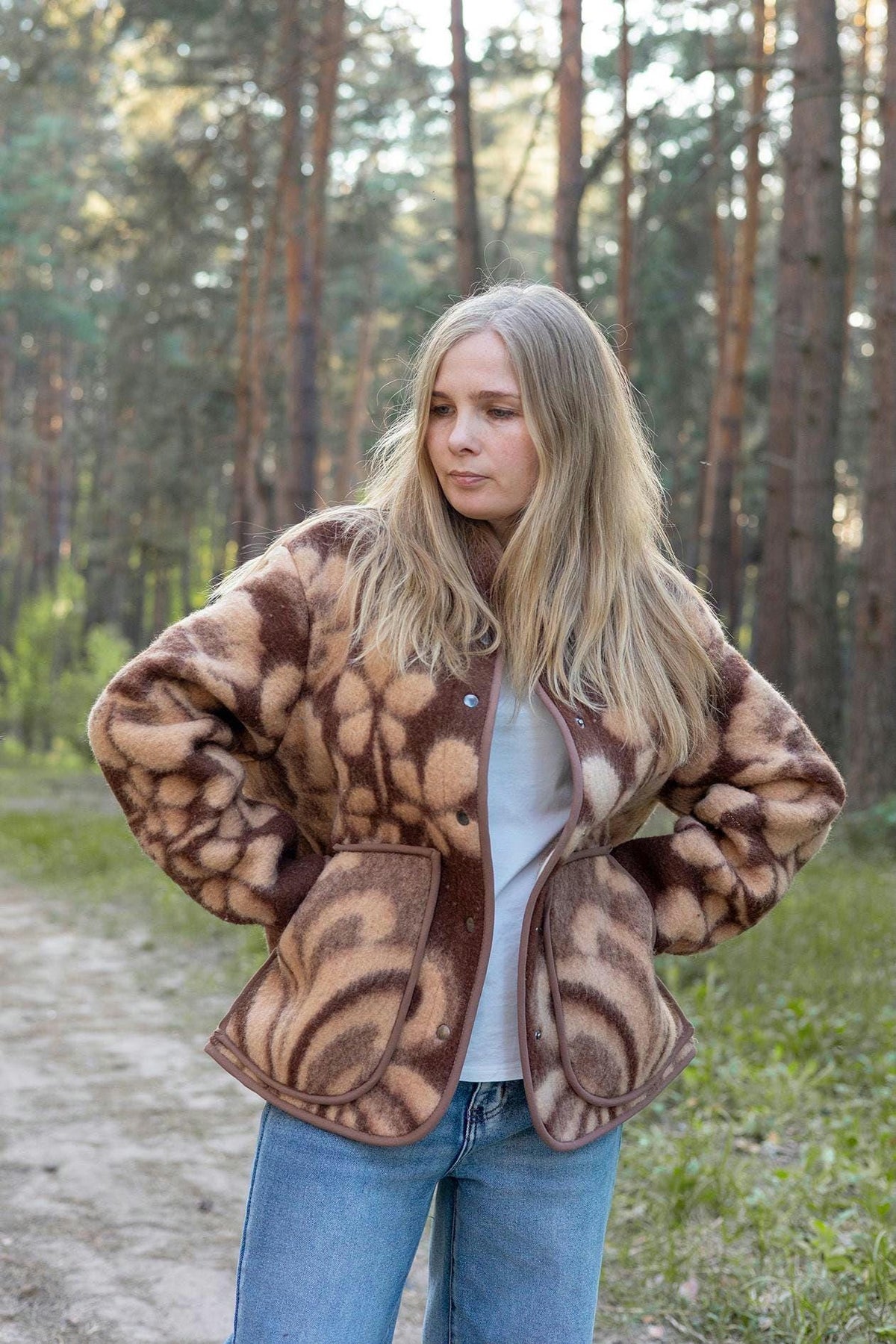Upcycled Vintage Wool Blanket Jacket, Floral Botanical Cottagecore Outerwear (Size M)