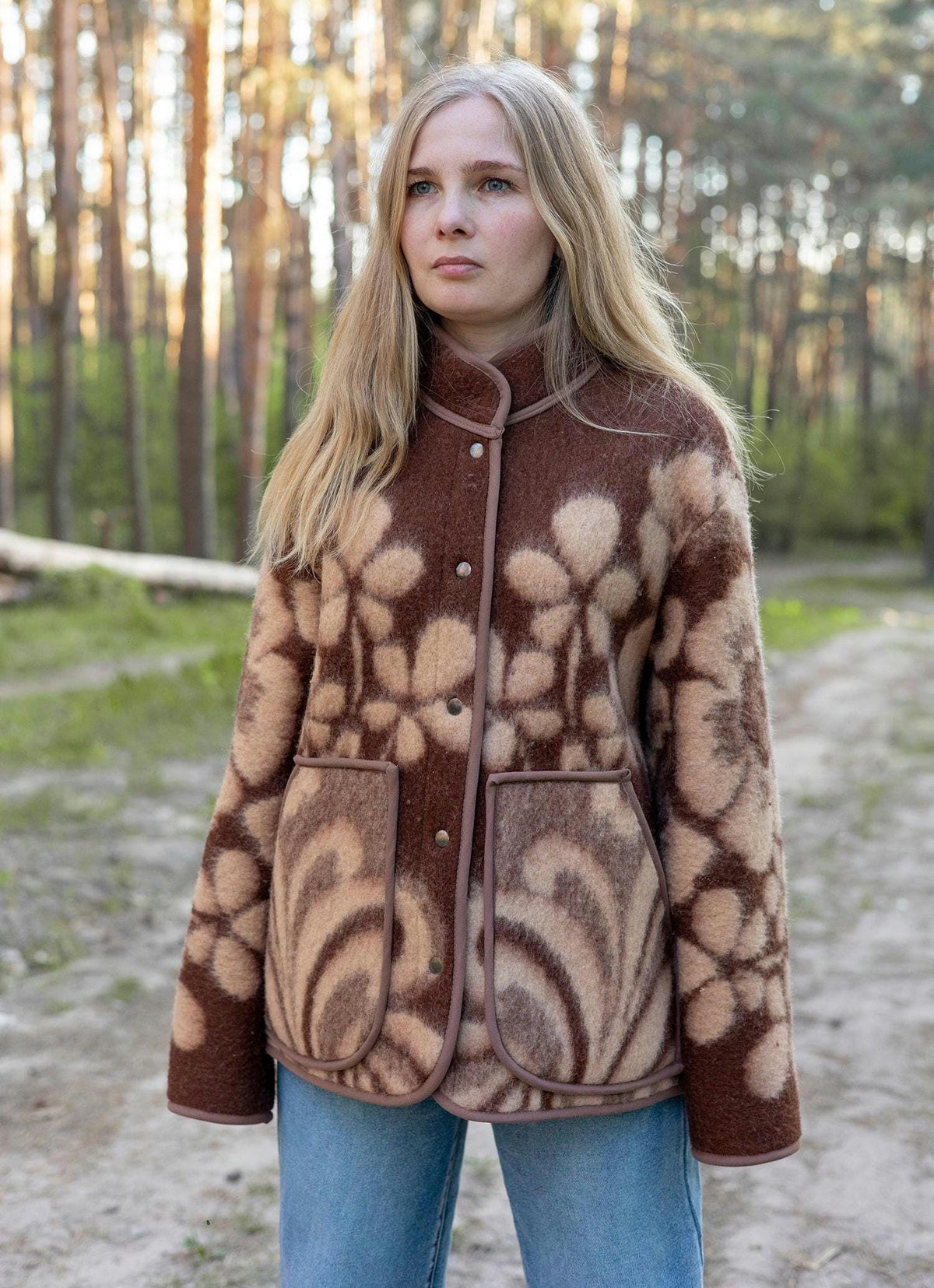 Upcycled Vintage Wool Blanket Jacket, Floral Botanical Cottagecore Outerwear (Size M)