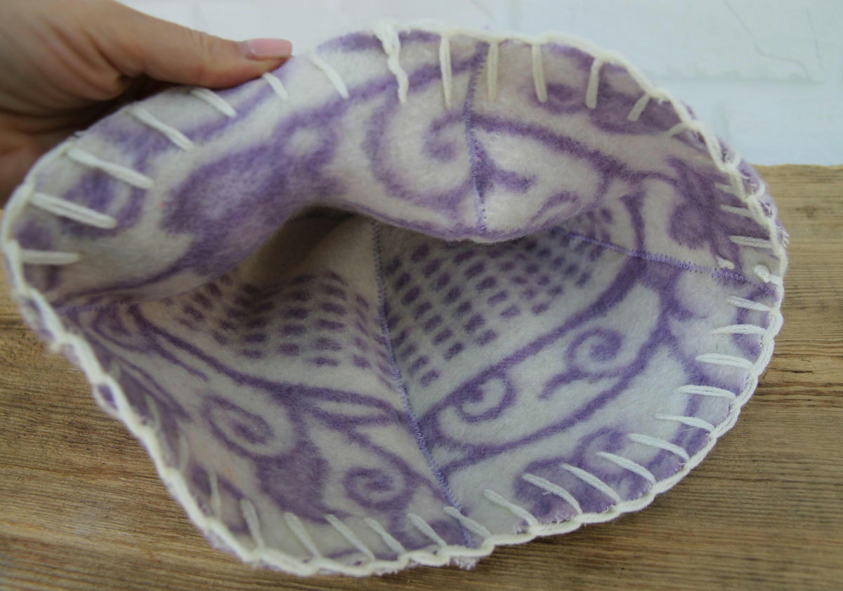 Reversible Lavender Wool Sauna Hat, Upcycled Blanket Bucket Cap, Spa Banya Accessory