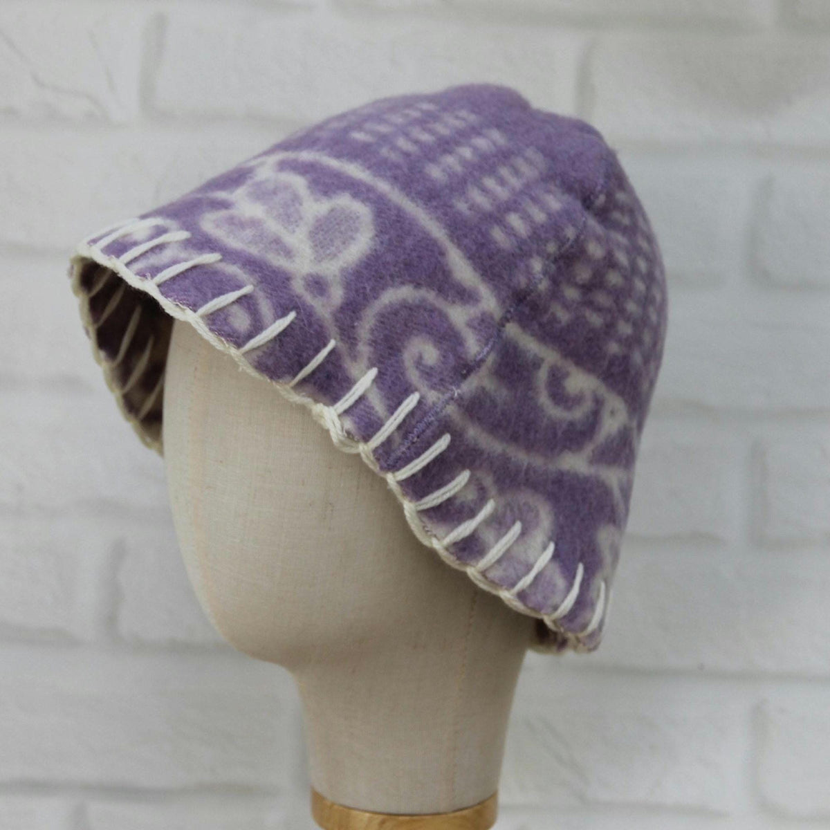 Reversible Lavender Wool Sauna Hat, Upcycled Blanket Bucket Cap, Spa Banya Accessory