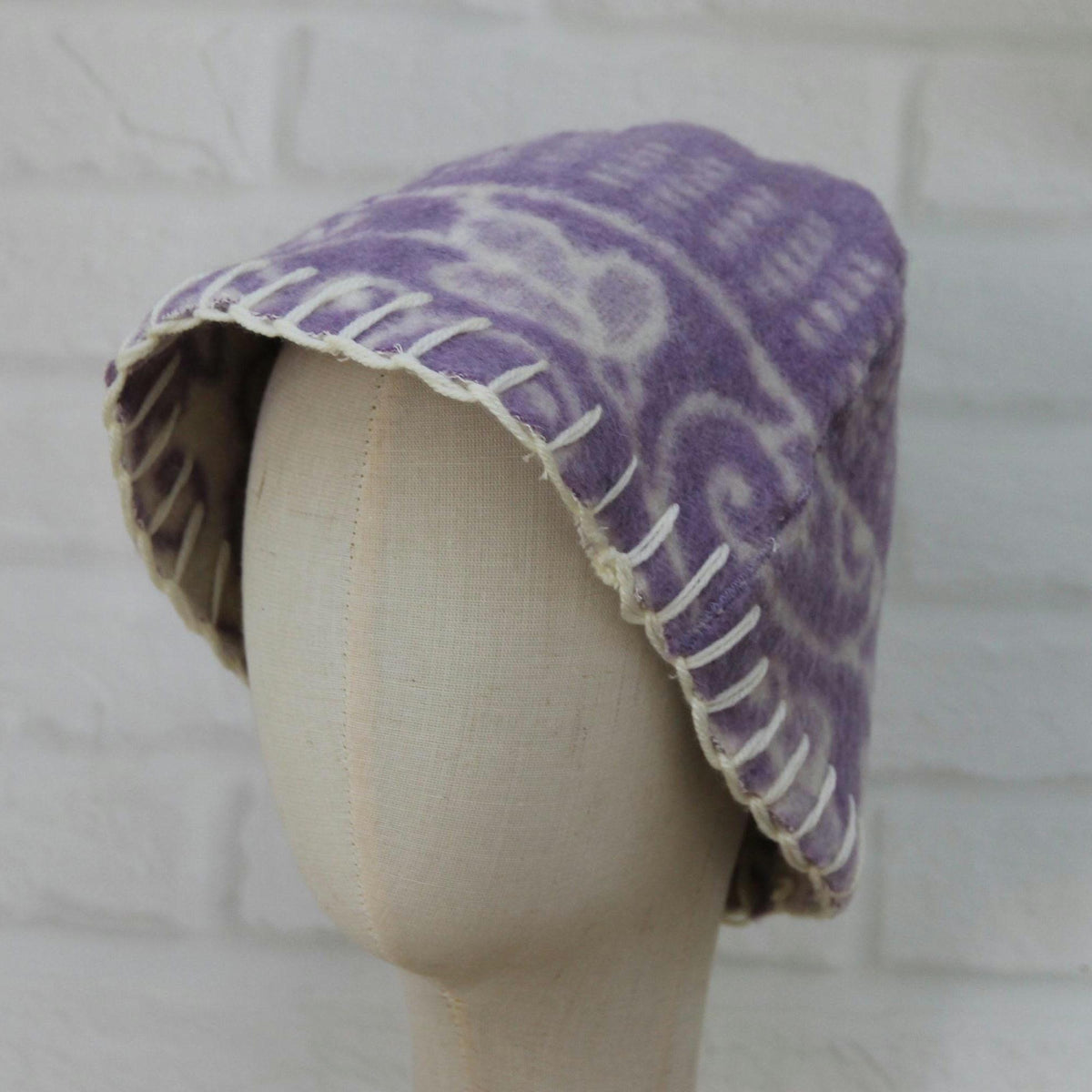 Reversible Lavender Wool Sauna Hat, Upcycled Blanket Bucket Cap, Spa Banya Accessory