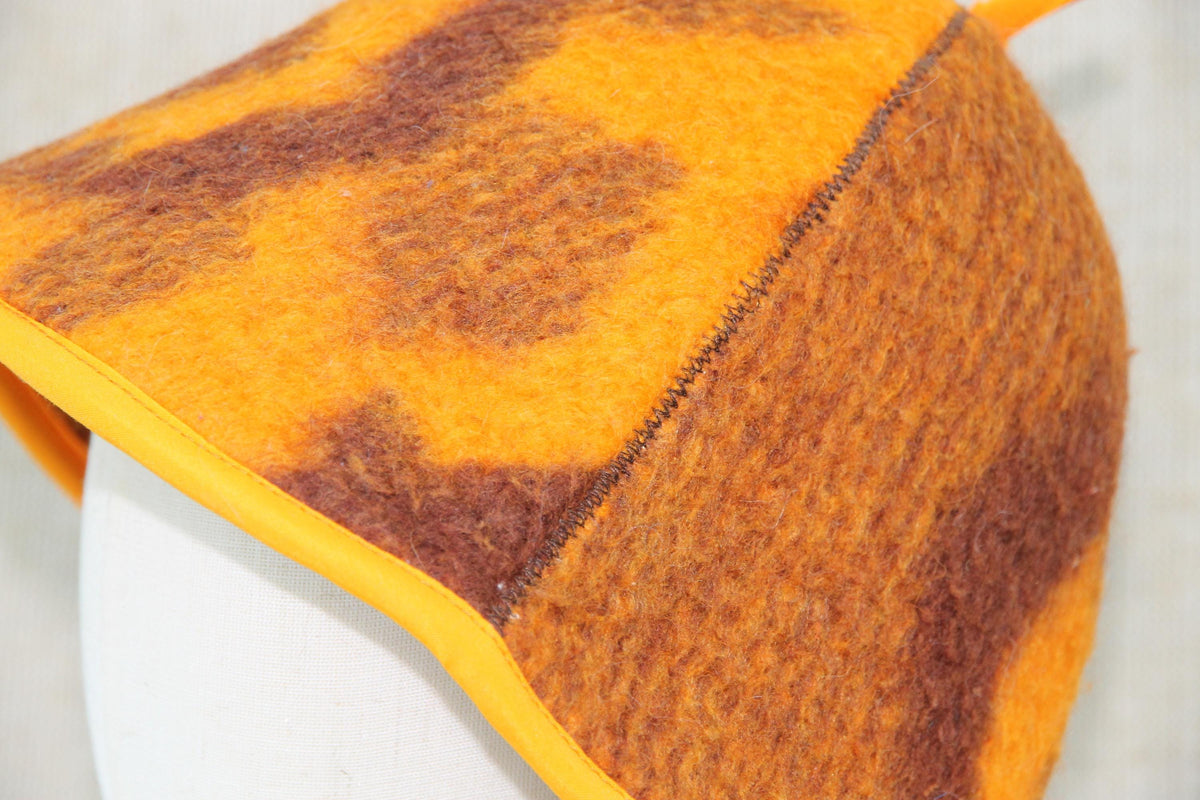 Upcycled Wool Blanket Sauna Hat – Vibrant Orange & Brown Pattern