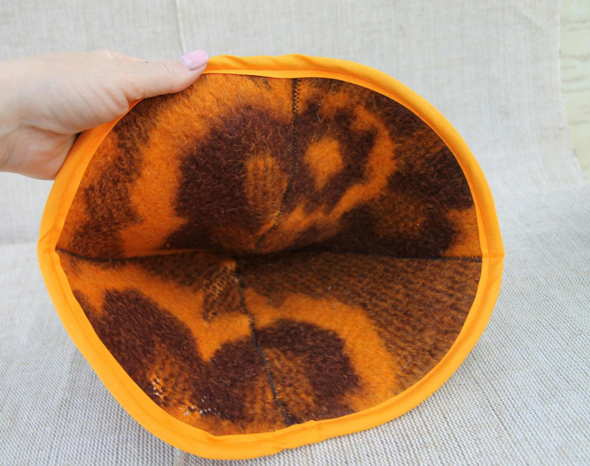 Upcycled Wool Blanket Sauna Hat – Vibrant Orange & Brown Pattern
