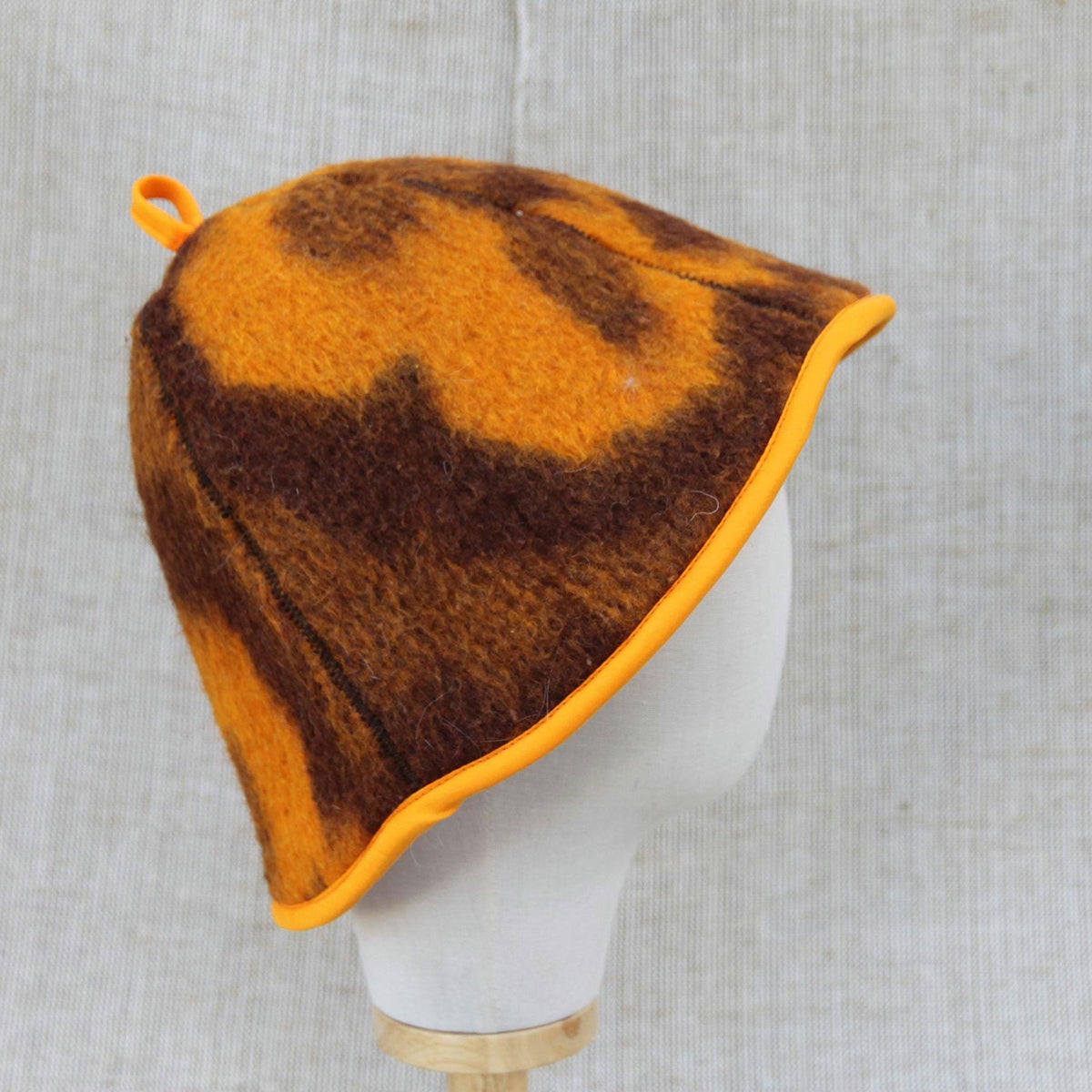 Upcycled Wool Blanket Sauna Hat – Vibrant Orange & Brown Pattern
