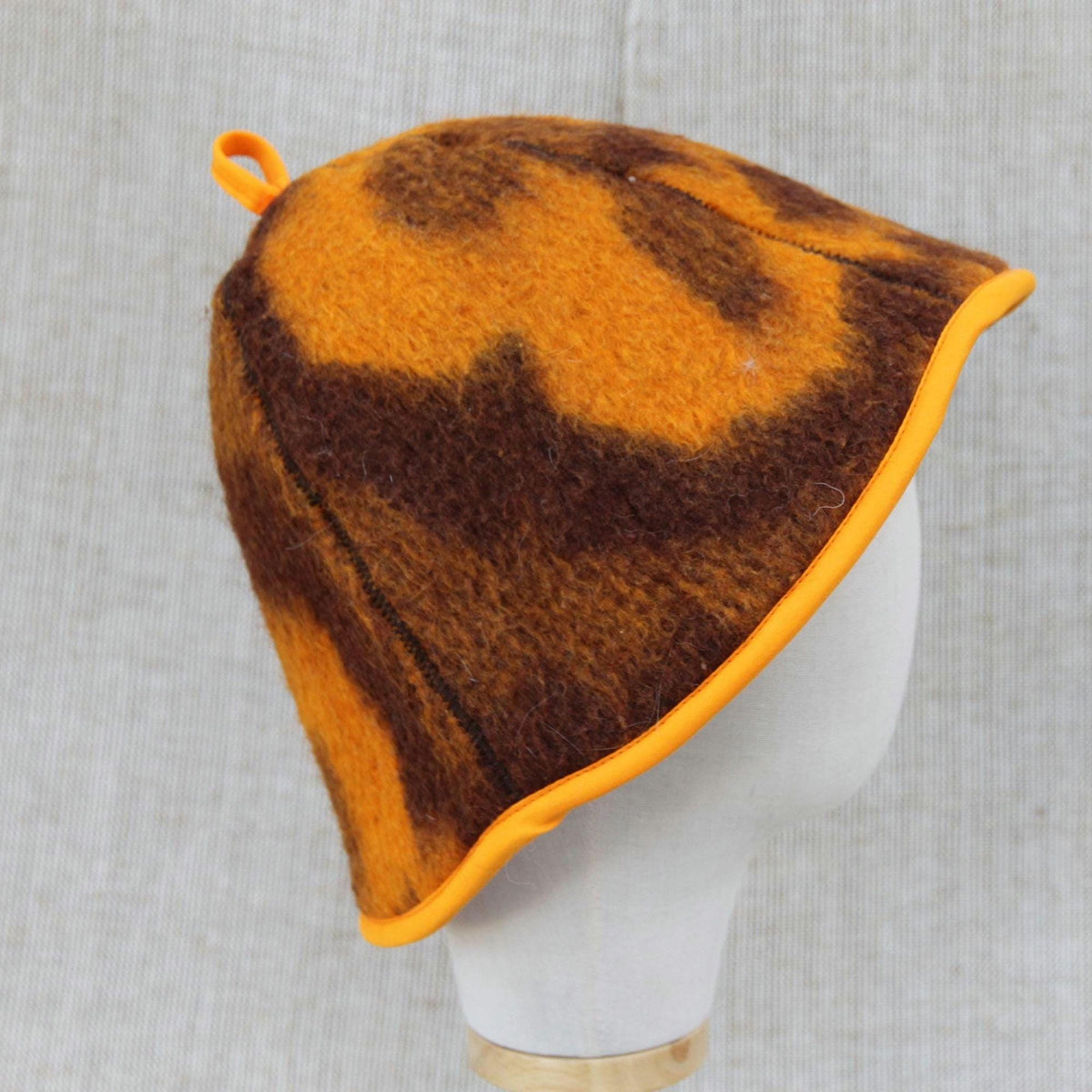 Upcycled Wool Blanket Sauna Hat – Vibrant Orange & Brown Pattern