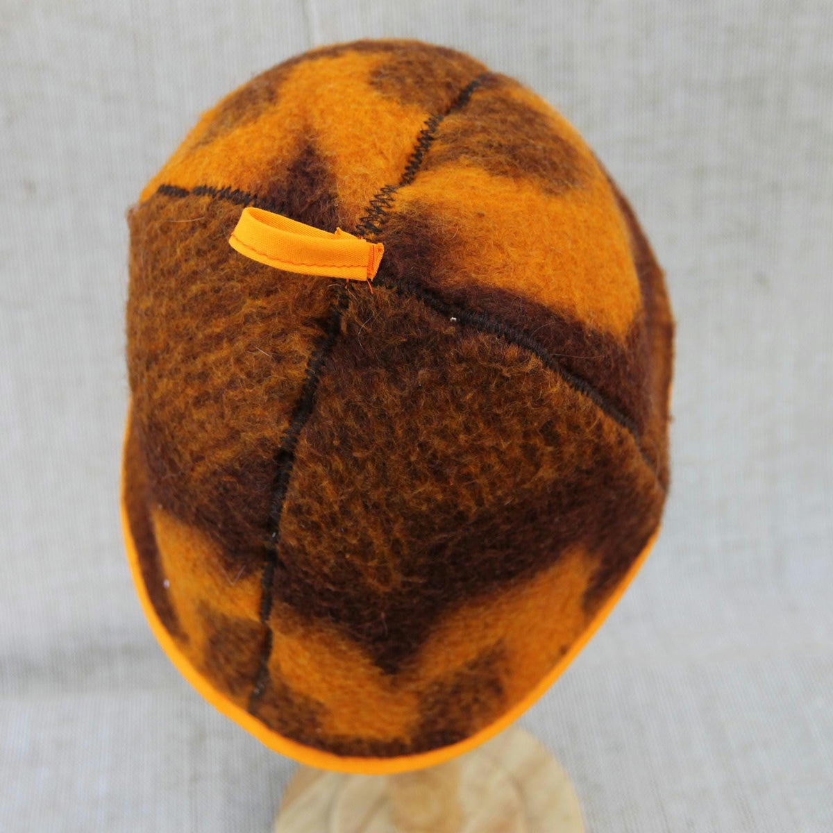 Upcycled Wool Blanket Sauna Hat – Vibrant Orange & Brown Pattern